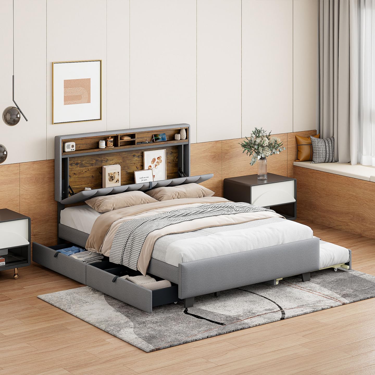 Queen Size Bed Frame with Storage Headboard & Charging Station, Linen Upholstered