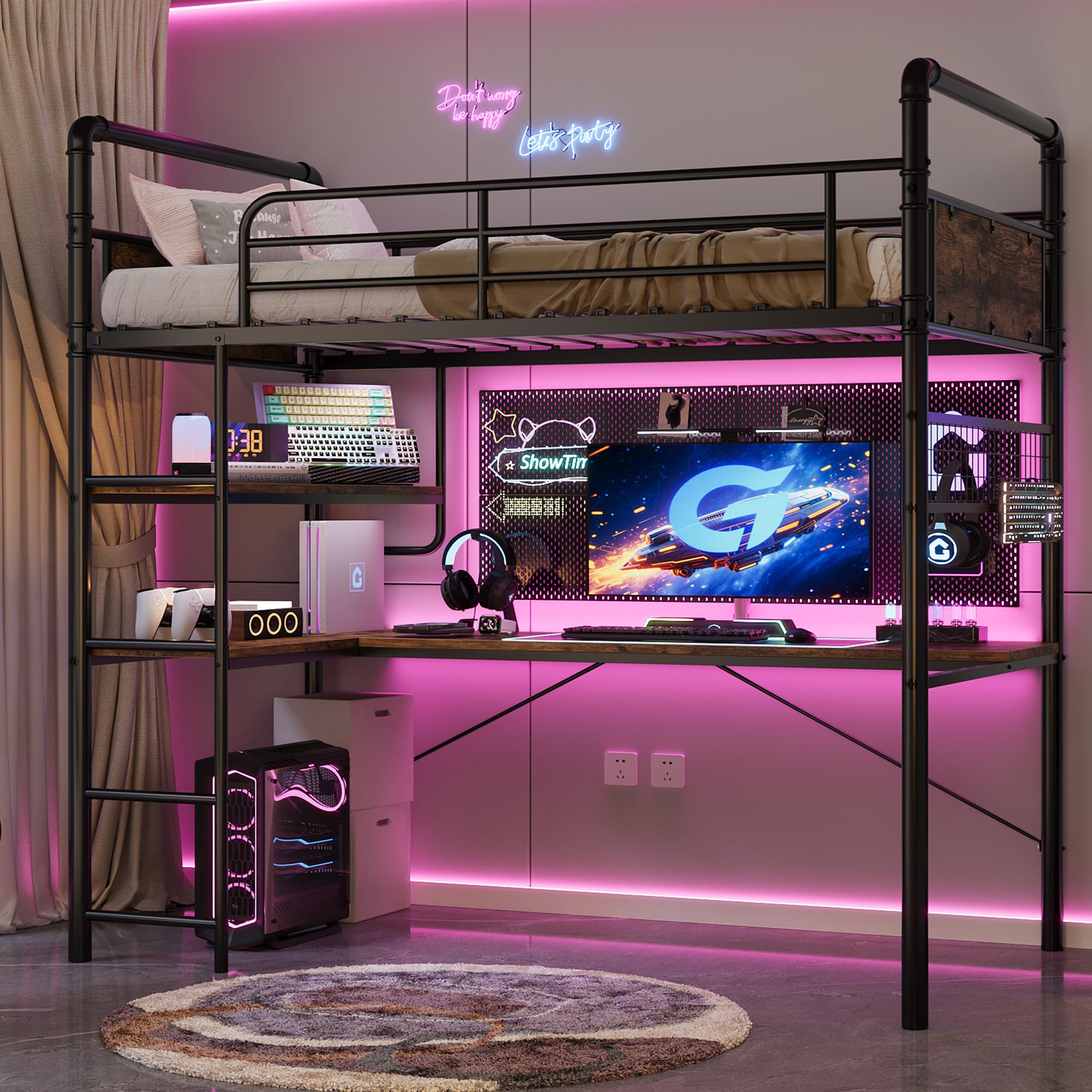 Loft Bunk Bed with L-Shaped Desk,Twin Loft Bed with Desk Underneath