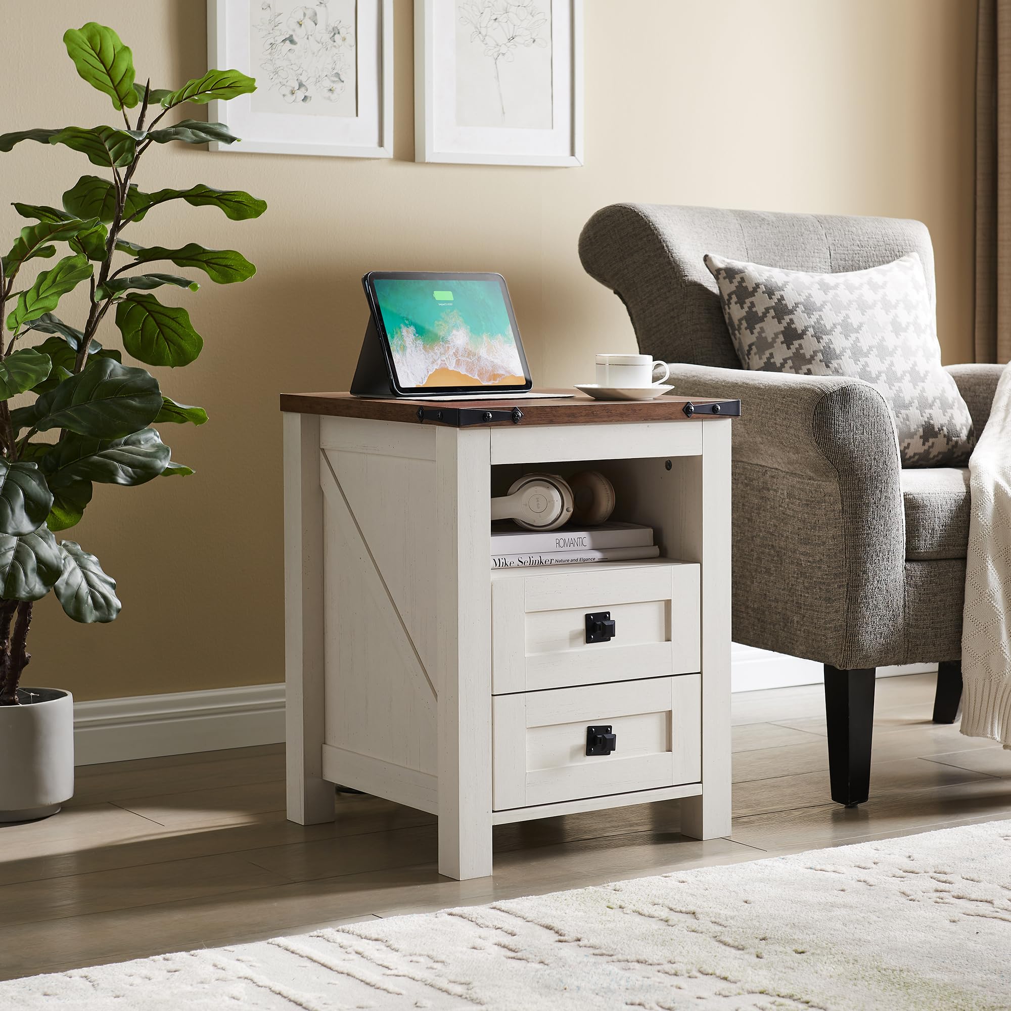 Farmhouse Nightstand with Charging Station, Rustic 18 Inch End Table