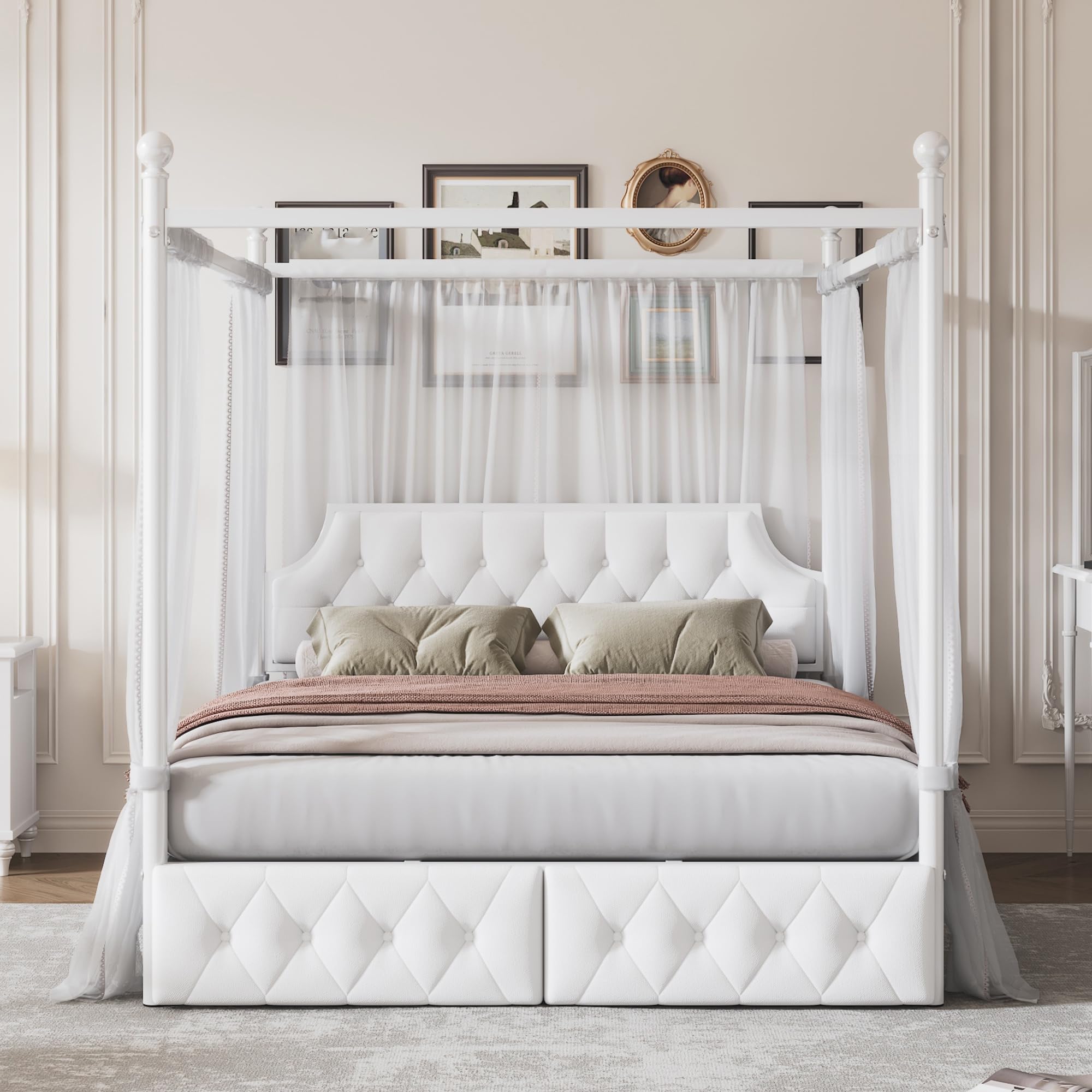 Queen Size Metal Canopy Bed with Upholstered Headboard and Drawers