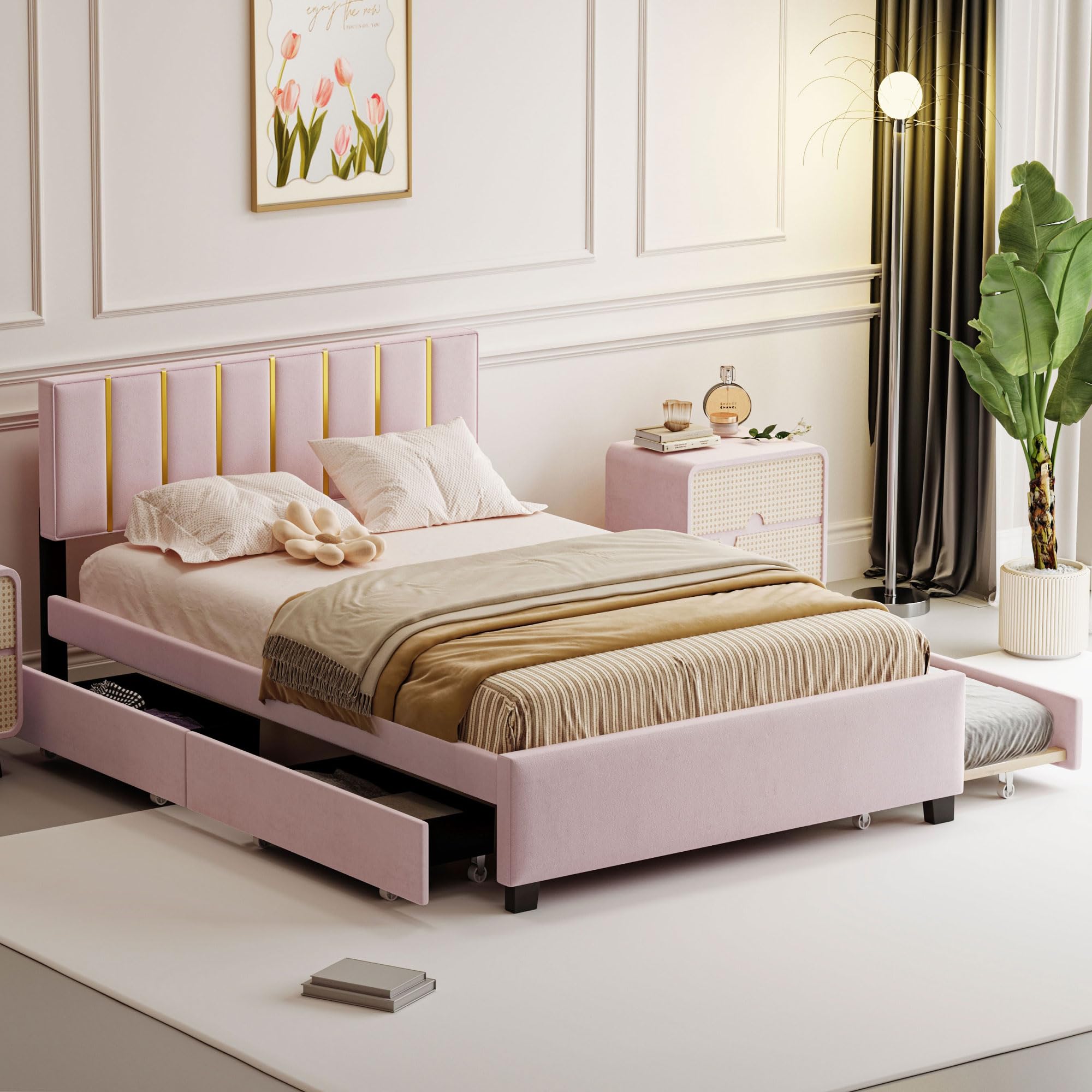 Queen Size Bed Frame with Twin Trundle & Storage Drawers, Upholstered Platform Bed