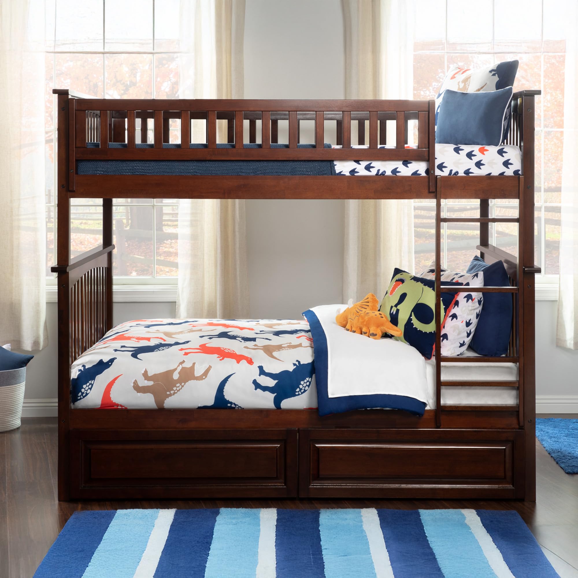 Full Over Full Size Bunk Bed with Raised Panel Bed Drawers & Charging