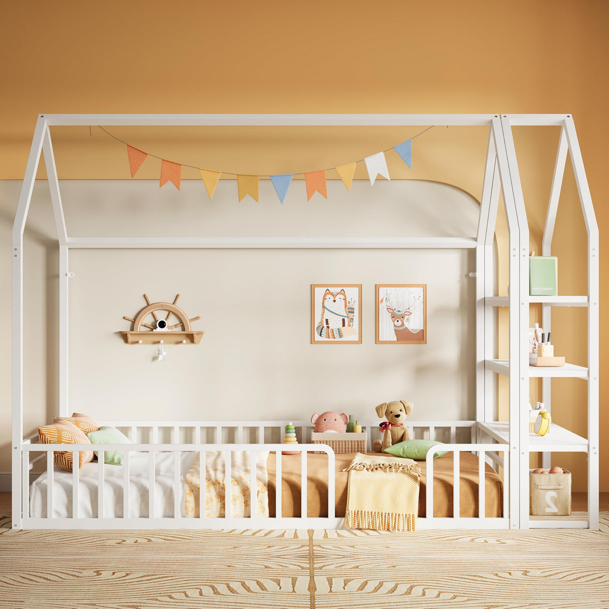 Twin Floor Bed with House Frame & Detachable 3-Tier Shelf
