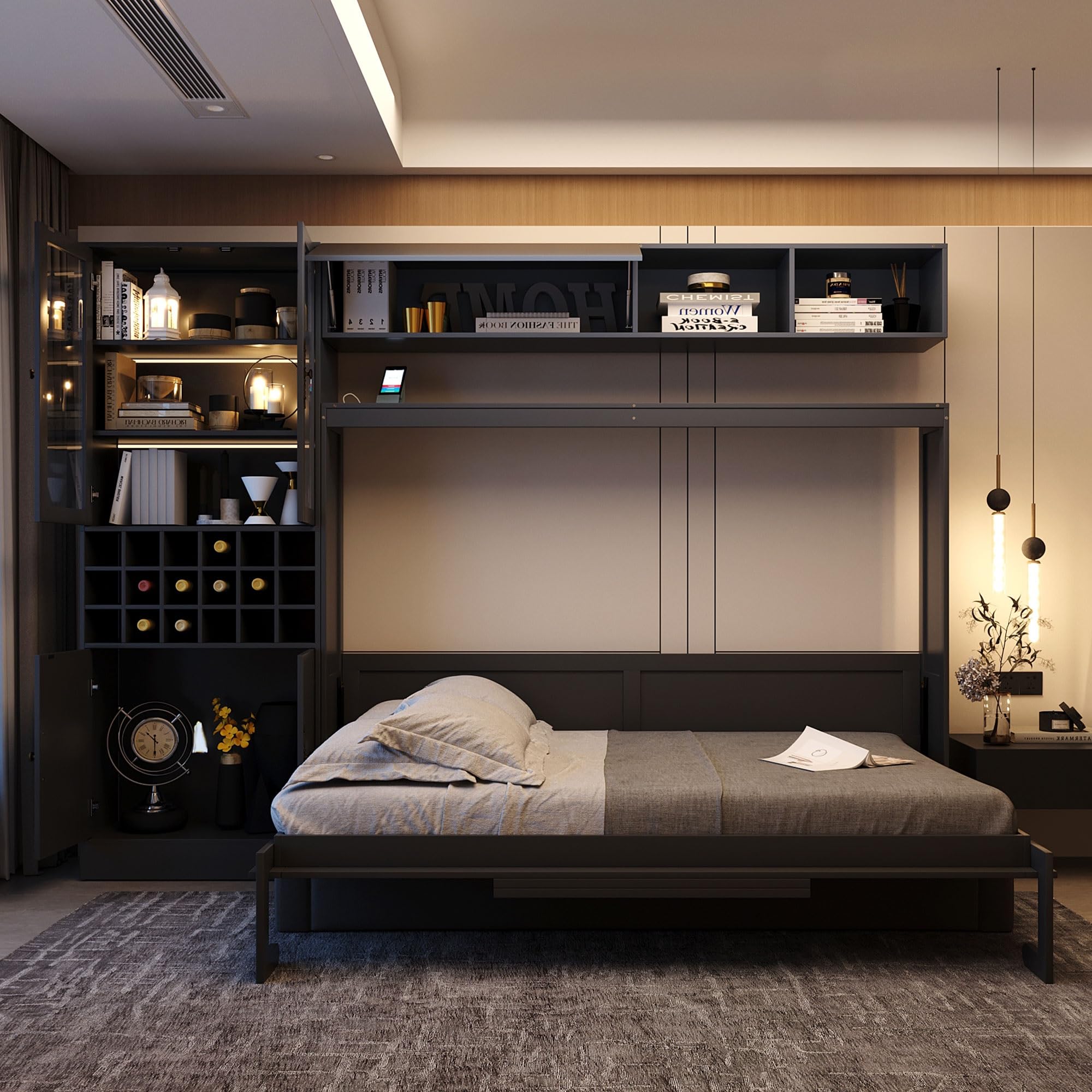 Full Size Murphy Bed Wall Bed with Sofa, Shelves, USB & Light
