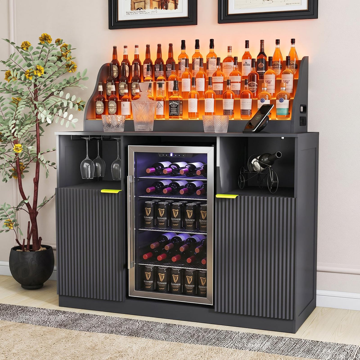 51'' Wine Bar Cabinet with LED Lighted Liquor Bottle Display Shelf,Mini Fridge Cabinet with Storage and Power Outlet,Liquor Coffee Bar Cabinet with Fridge Space,Modern Buffet Cabinet with Wine Rack