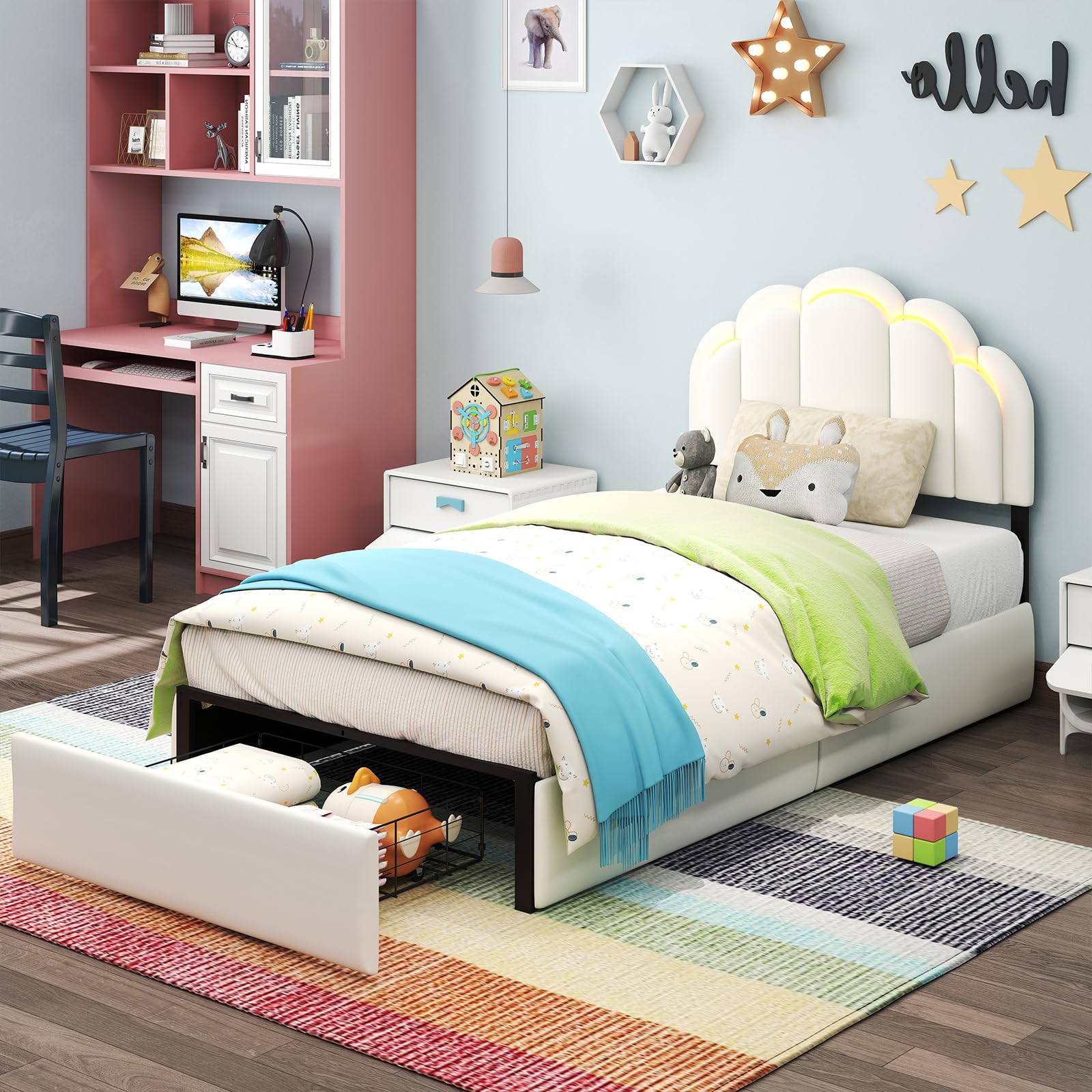 Twin Upholstered LED Bed Frame with Storage Drawer, Chic Double Wavy