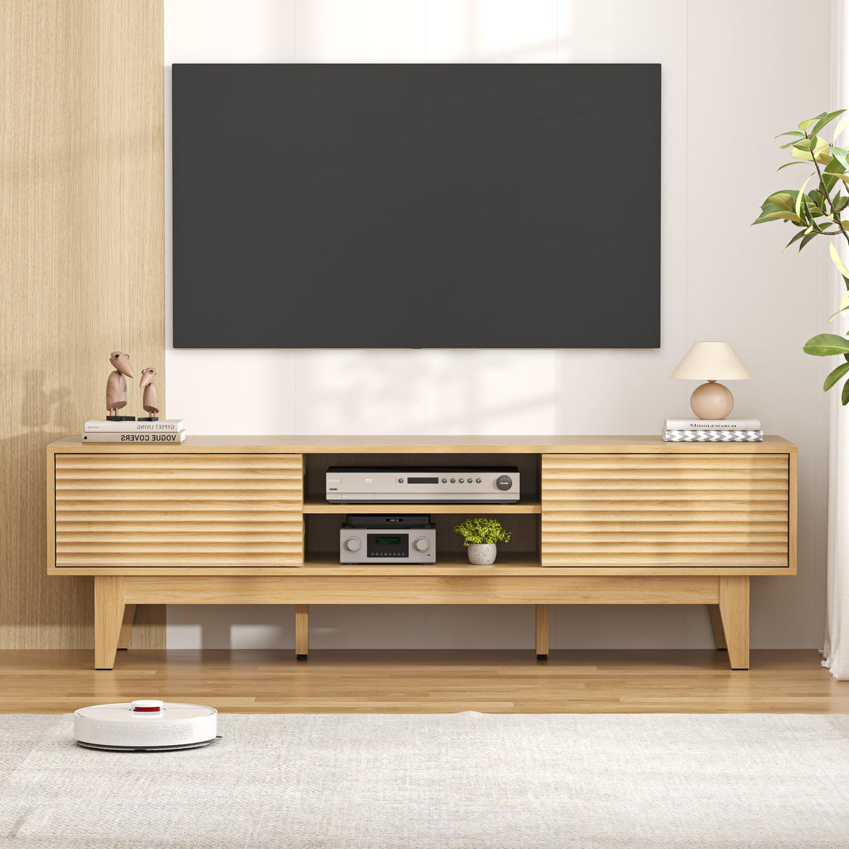 59" Fluted TV Stand with Sliding Doors & Cable Management | Fits TVs up to 70"