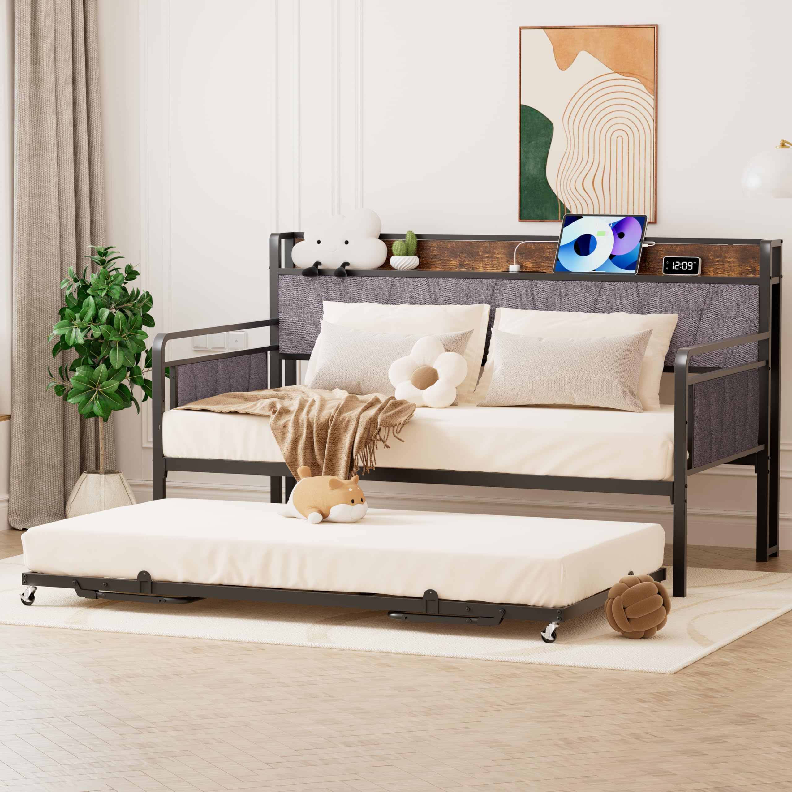 Twin Daybed with Trundle, Modern Twin Size Sofa Day Bed
