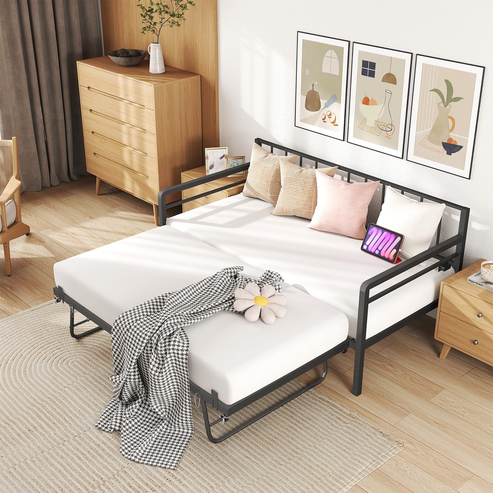 Twin Daybed with Pop Up Trundle, Metal Day Bed Frame with LED Lights
