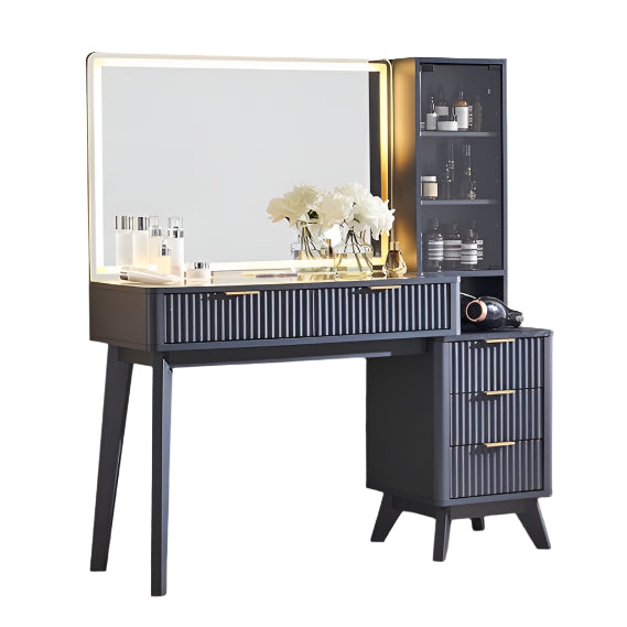 Fluted Makeup Vanity Desk with Large 36" Mirror and Lights, Modern Glass Top