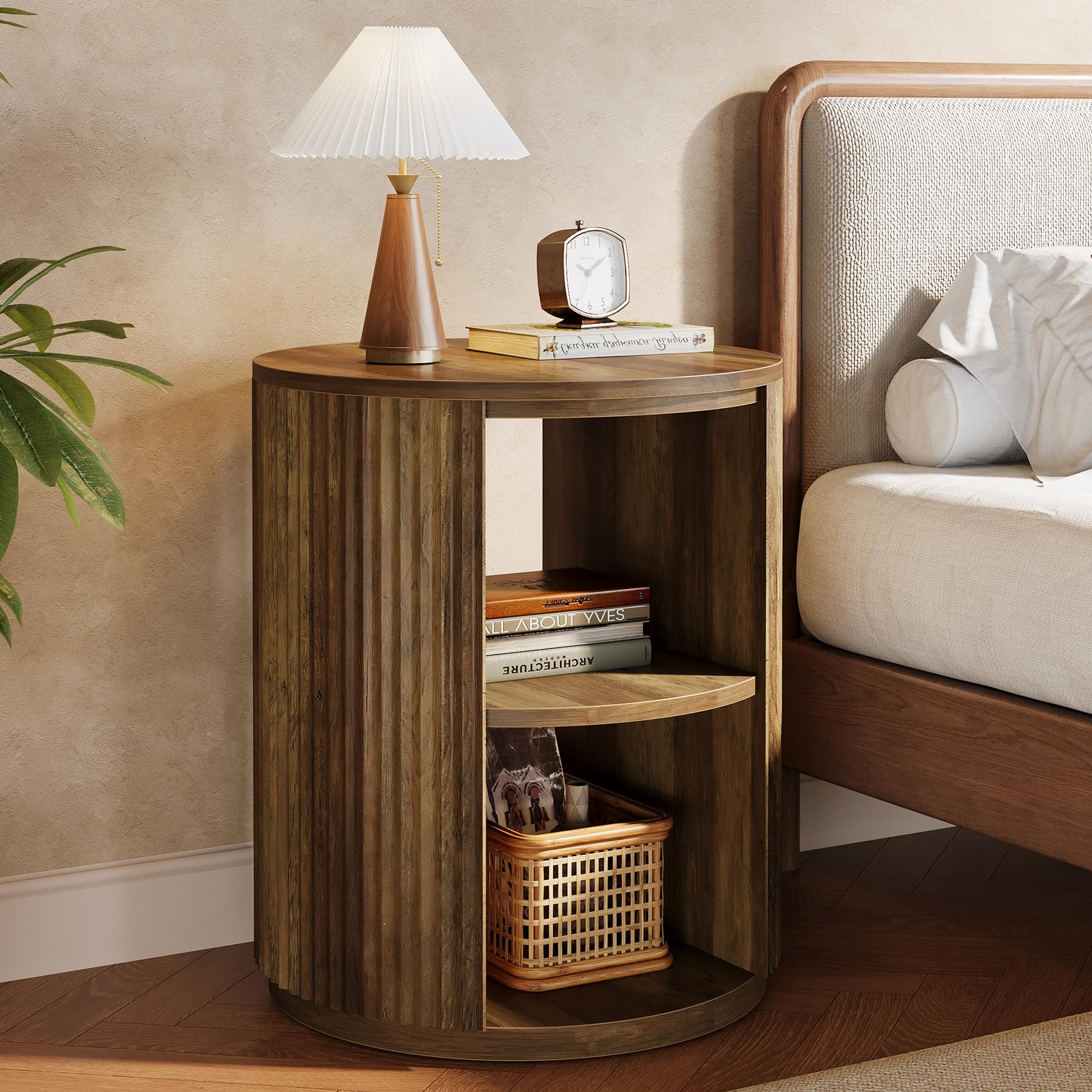 Round Fluted End Table, Farmhouse Round Side Table with 3-Tier Storage Shelf