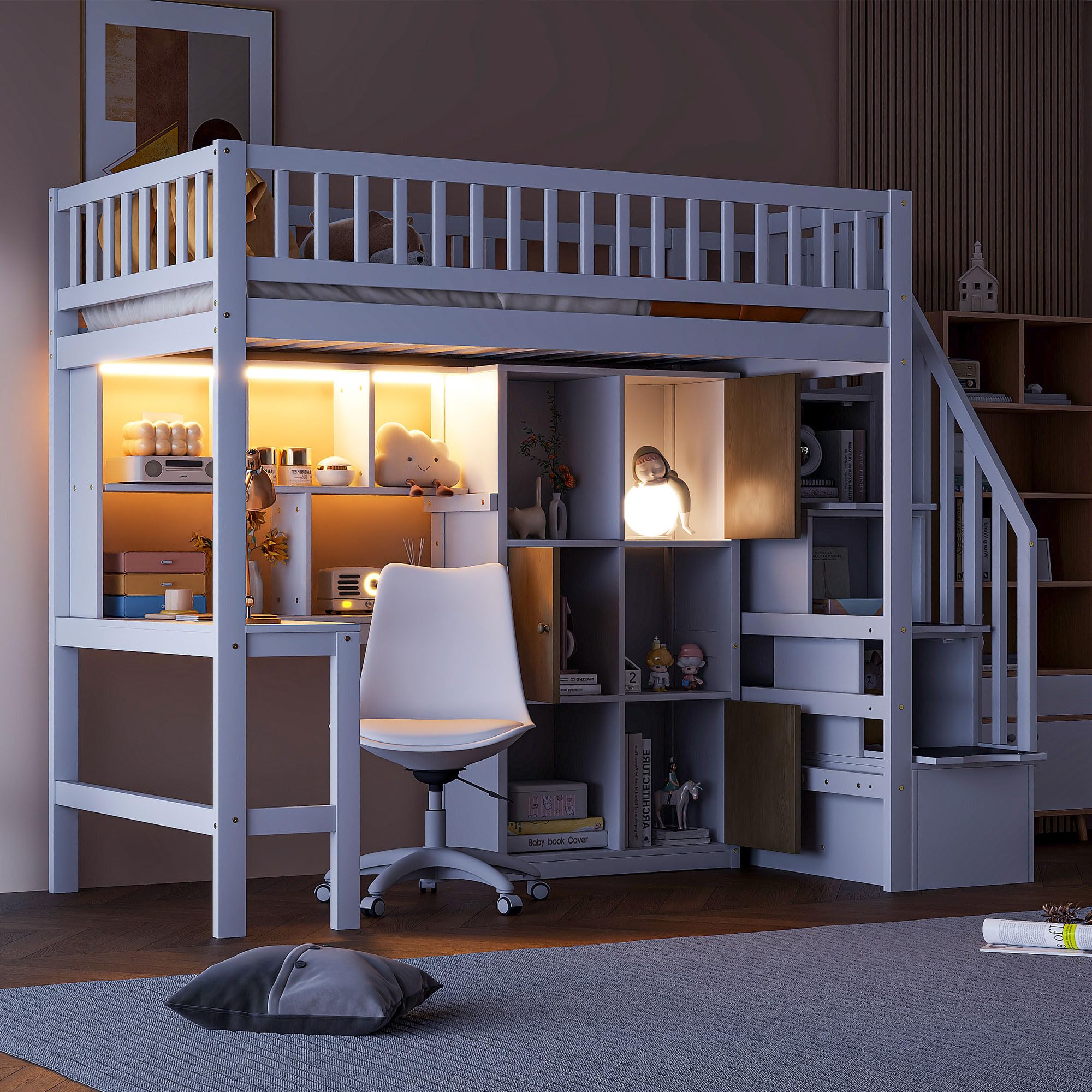 Twin Size Solid Wood Loft Bed with Built-in L-Desk & Storage - Kids Bed Frame