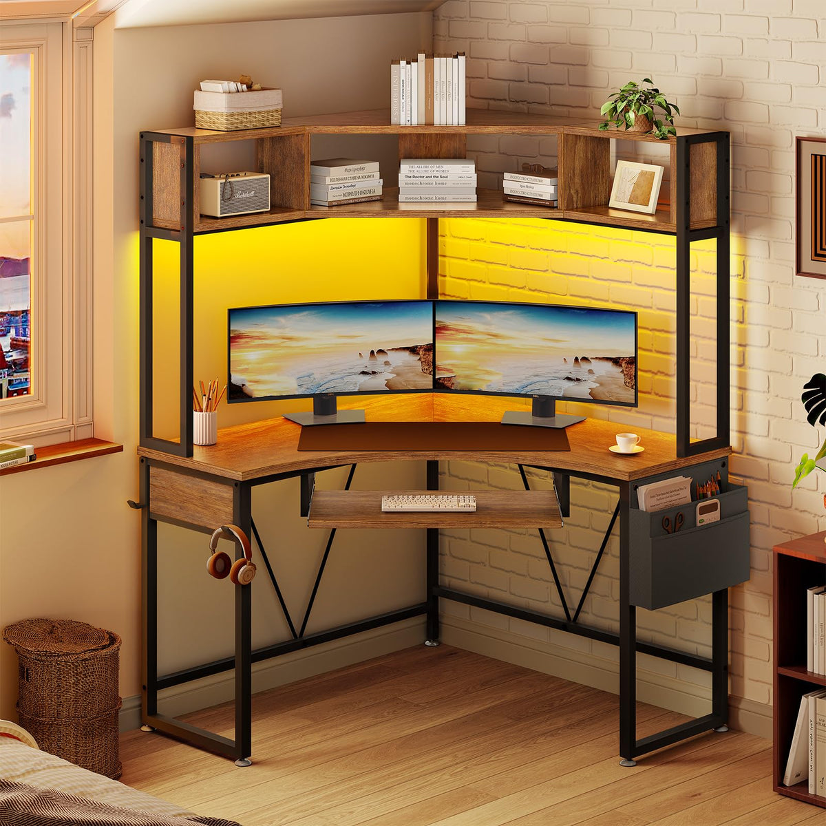Corner Desk with Hutch & RGB Lighting, Keyboard Tray, Storage Shelves