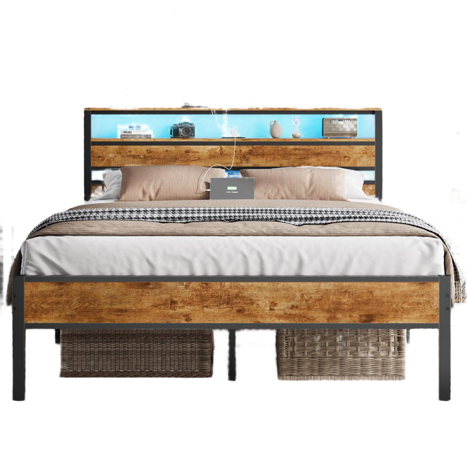 Frame with Headboard, LED Lights and Charging Station