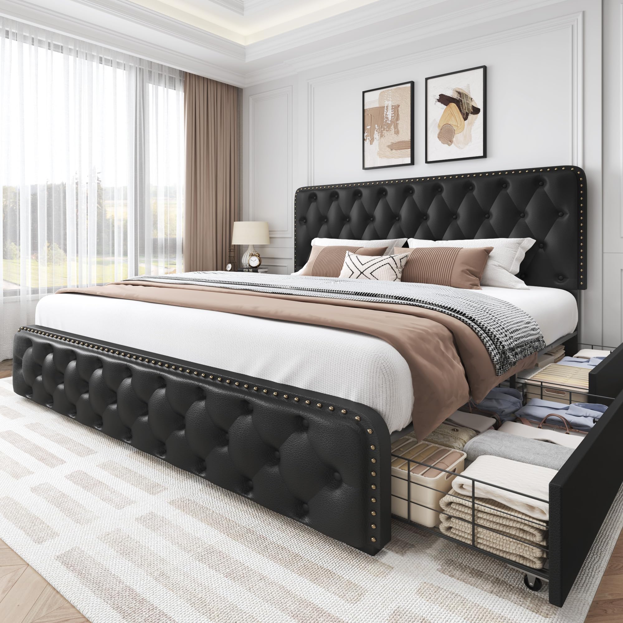Queen Bed Frame with Headboard Faux Leather Upholstered Metal