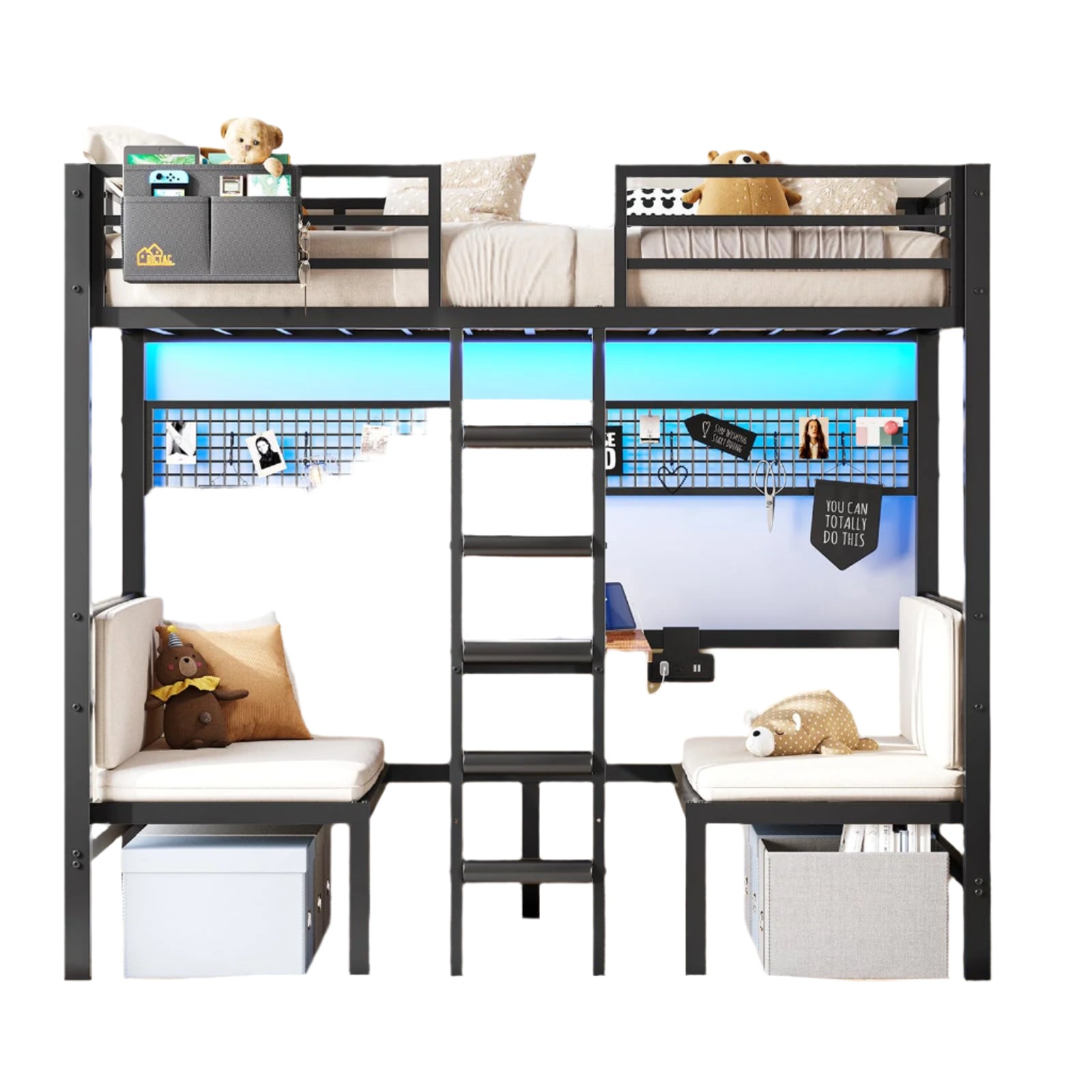 Over twin Bunk Bed with Led Lights and Charging Station Convertible Metal