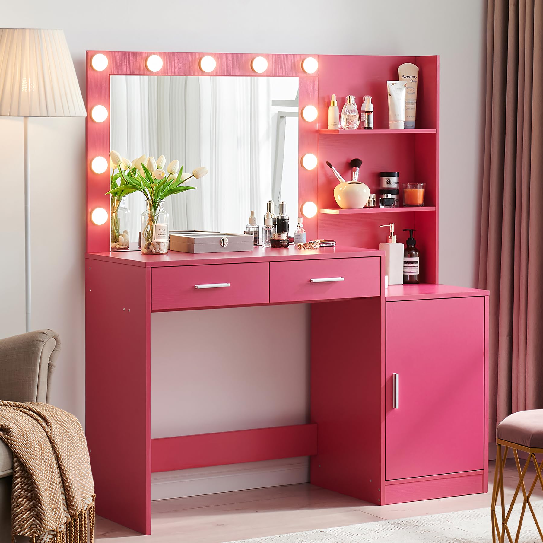 46.7" Vanity Desk with Mirror & LED Lights, Dressing Table with 2 Large Drawers
