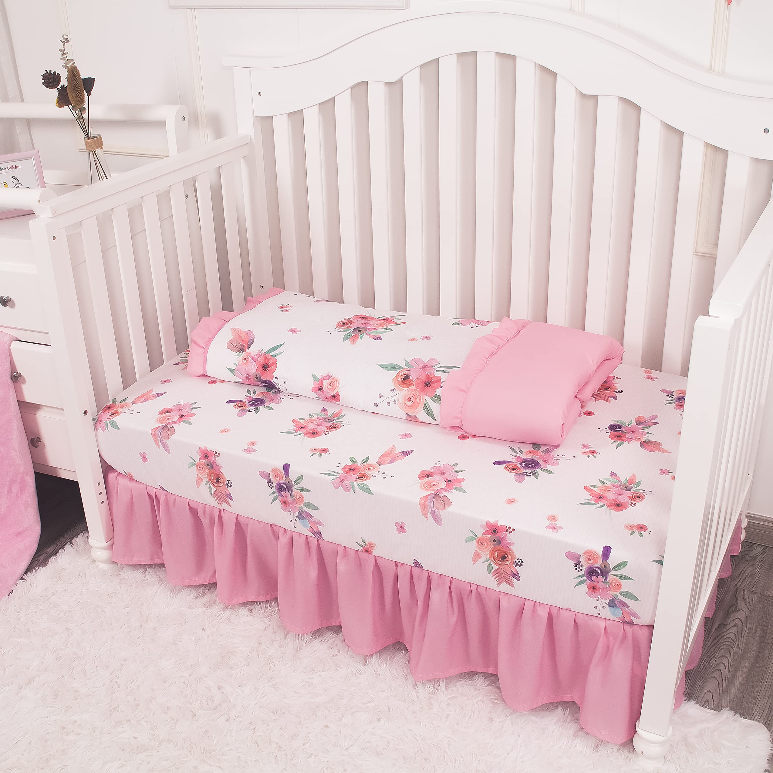 Baby Crib Bedding Set for Girls, Watercolor Boho Floral