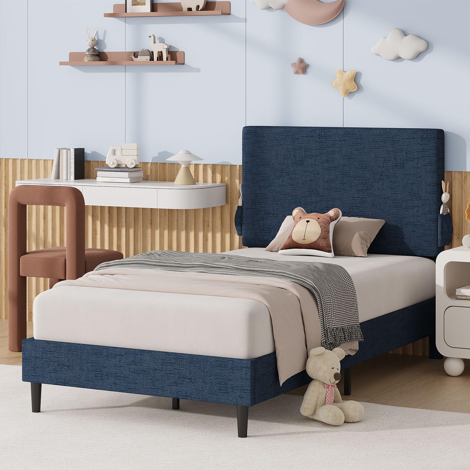Twin Bed Frame with Headboard, Chenille Fabric Upholstered Platform Bed