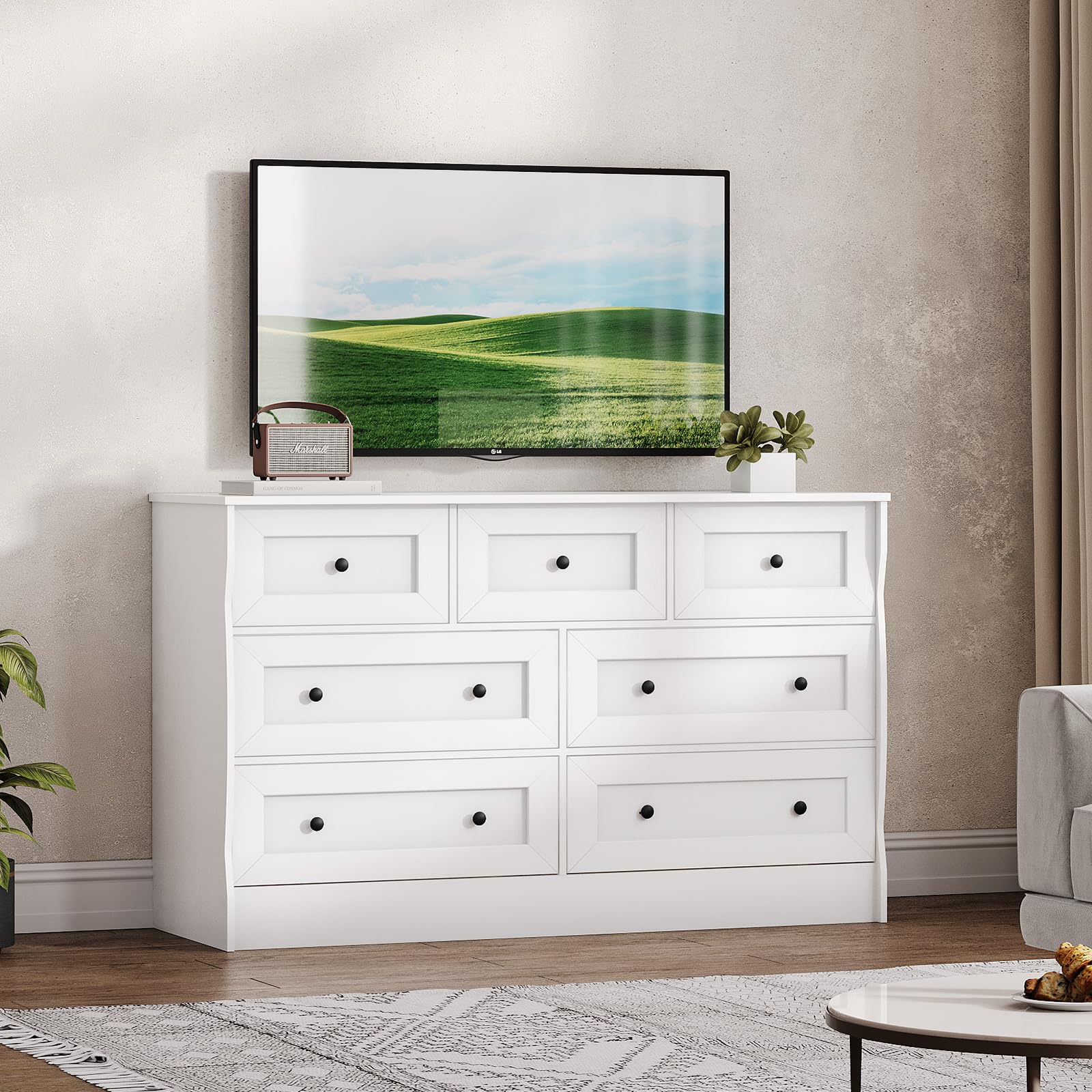 White Dresser for Bedroom, Farmhouse 7 Drawers Dresser