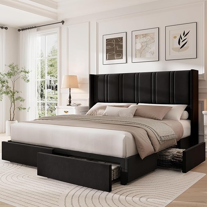King Size Bed Frame with 4 Storage Drawers and Wingback Headboard Linen