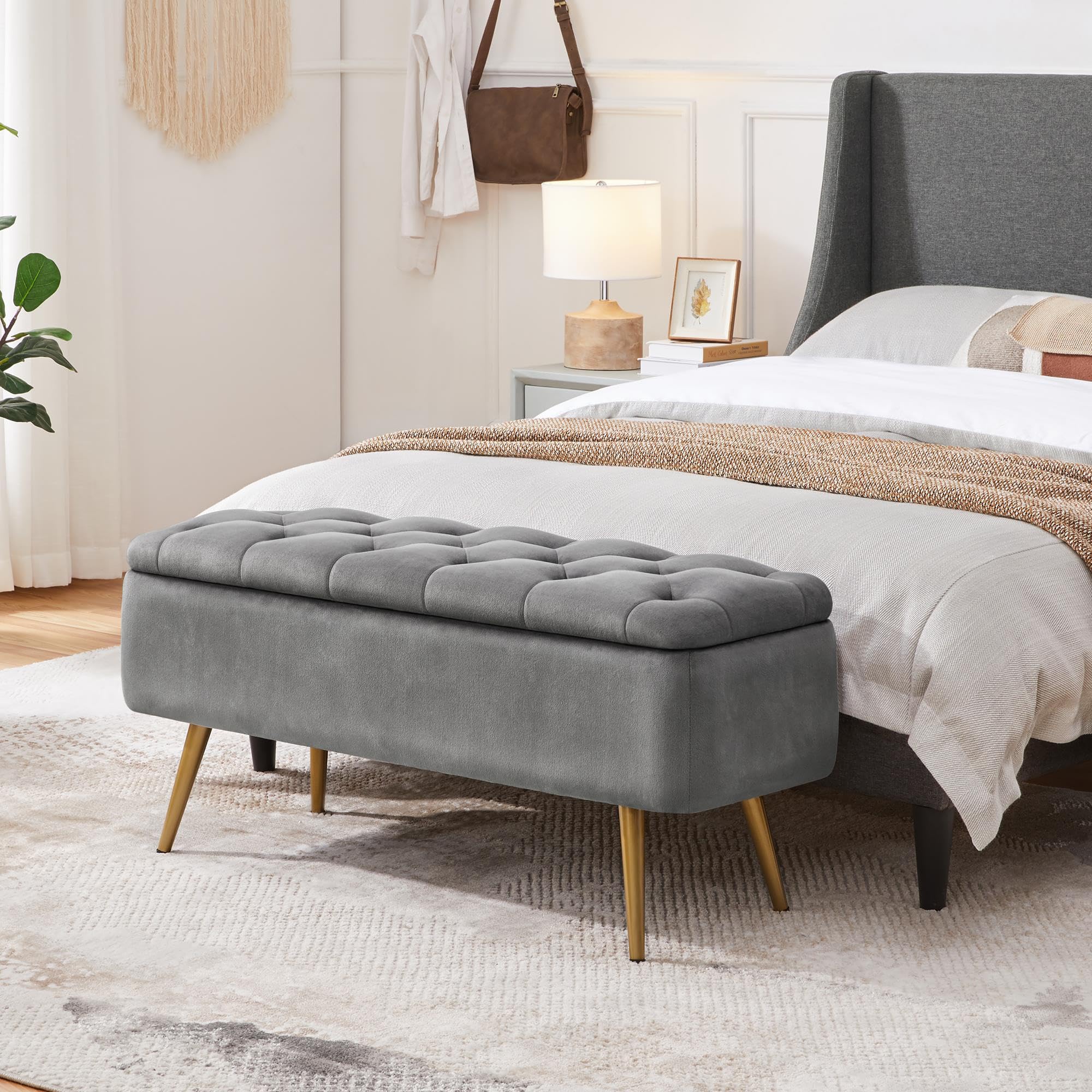 42 Inches Ottoman with Floding Velvet Storage Bench Foot