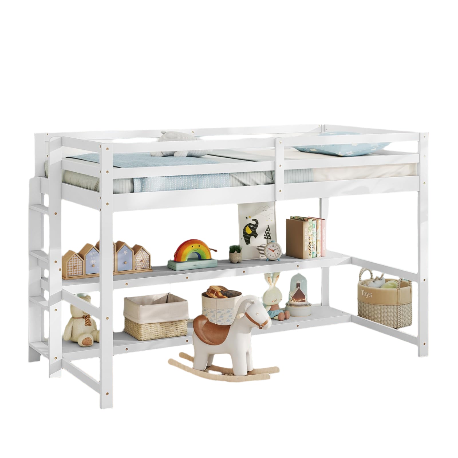 Twin Low Loft Bed with Storage Shelves, Wooden Loft Bed