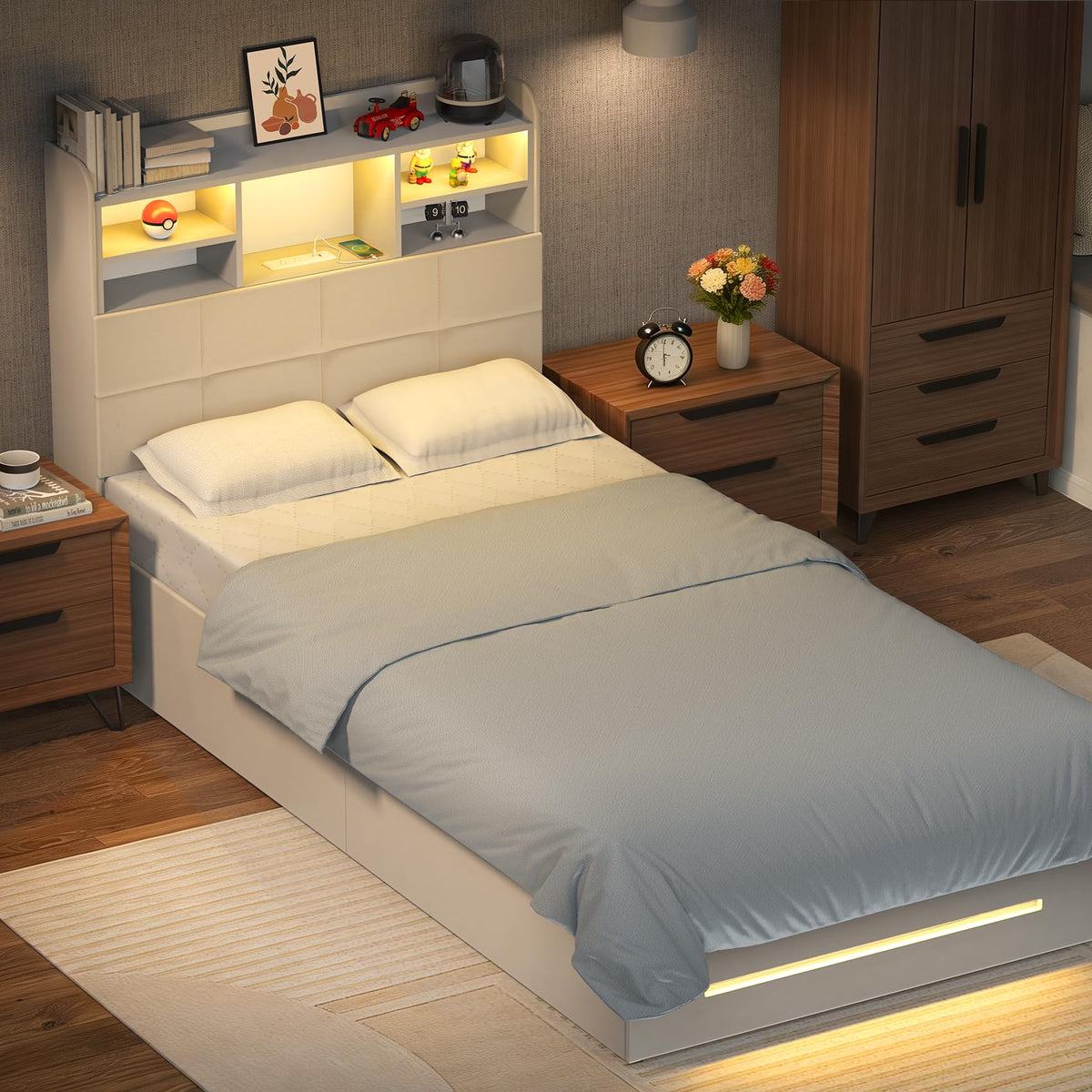 Twin Bed Frame with Storage Drawers, LED Lights & Charging Station