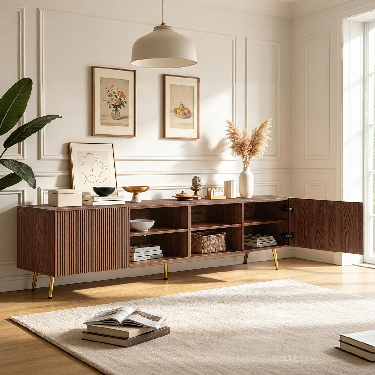 86" Wave-Door TV Stand with Storage & Adjustable Shelves