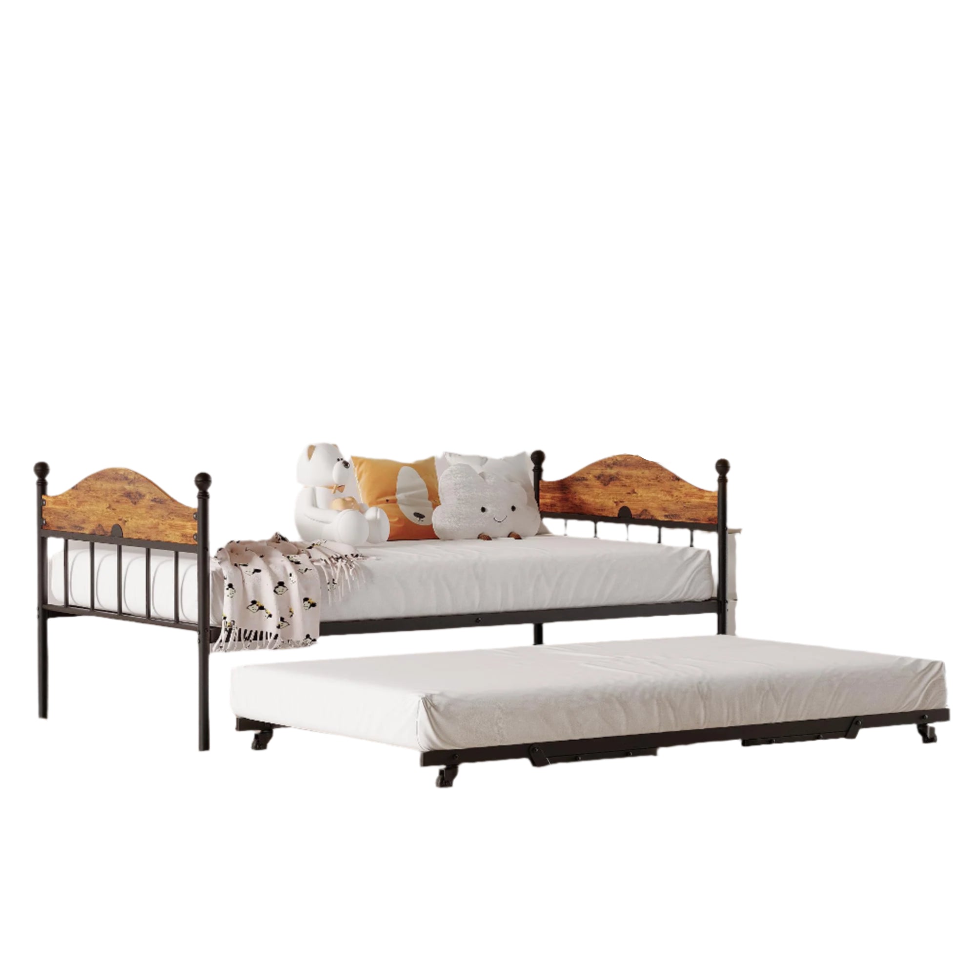 Daybed with Trundle, Metal Twin Bed Frame with Pop Up Foldable Trundle