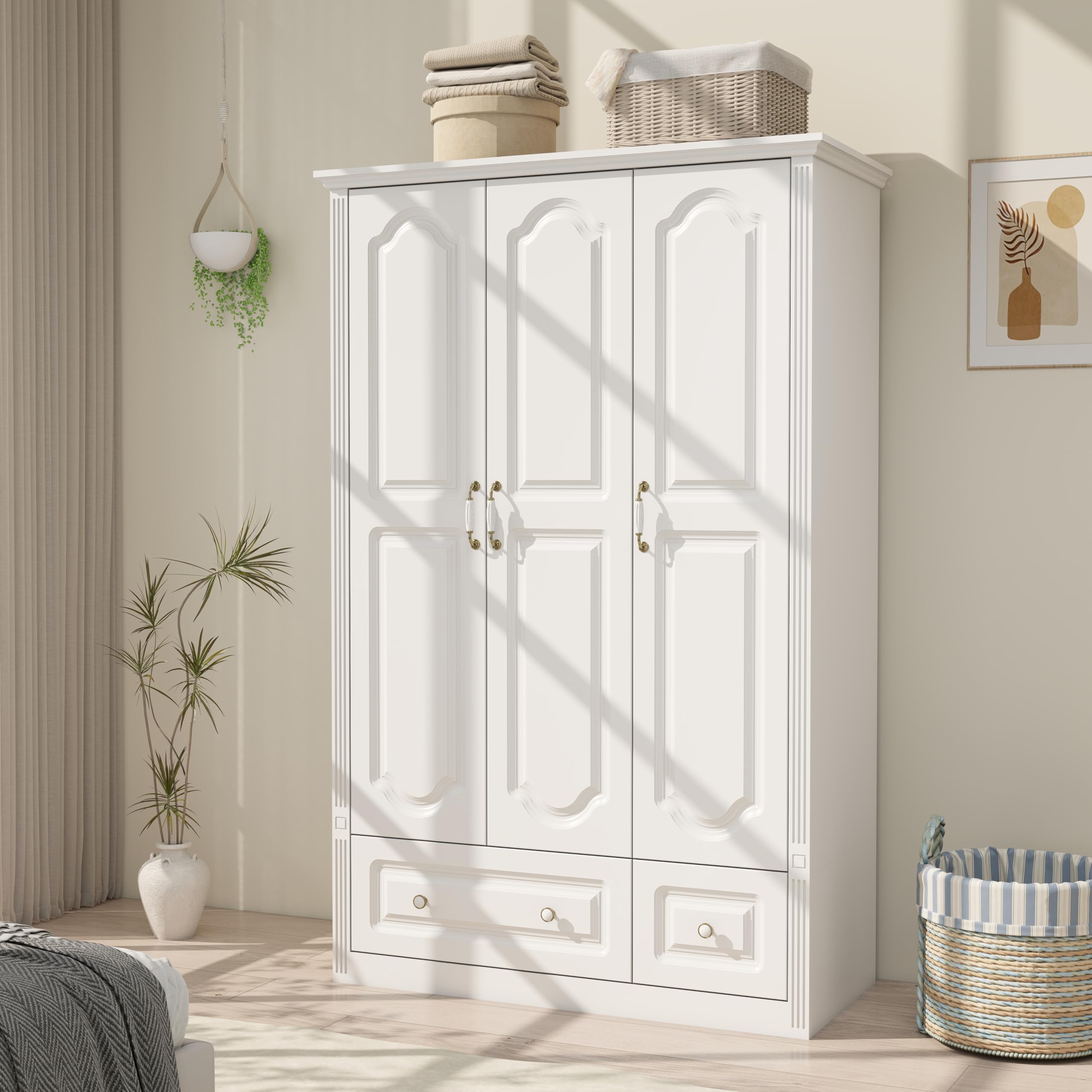 White Armoire Wardrobe Closet with 2 Drawers: 74" Modern Large Wardrobe Closet