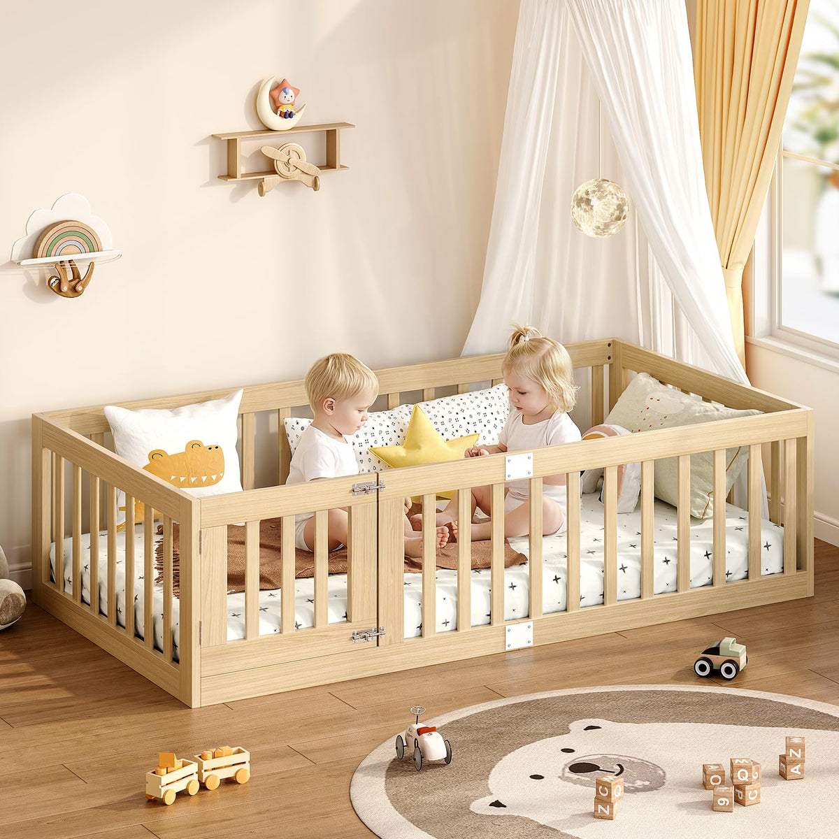 Twin Montessori Floor Bed with High Guardrails & Door Latches