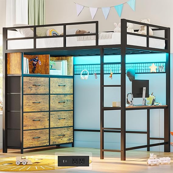 Twin Size Loft Bed with Desk and 8 Storage Drawers, Metal Kids Loft Bed Twin