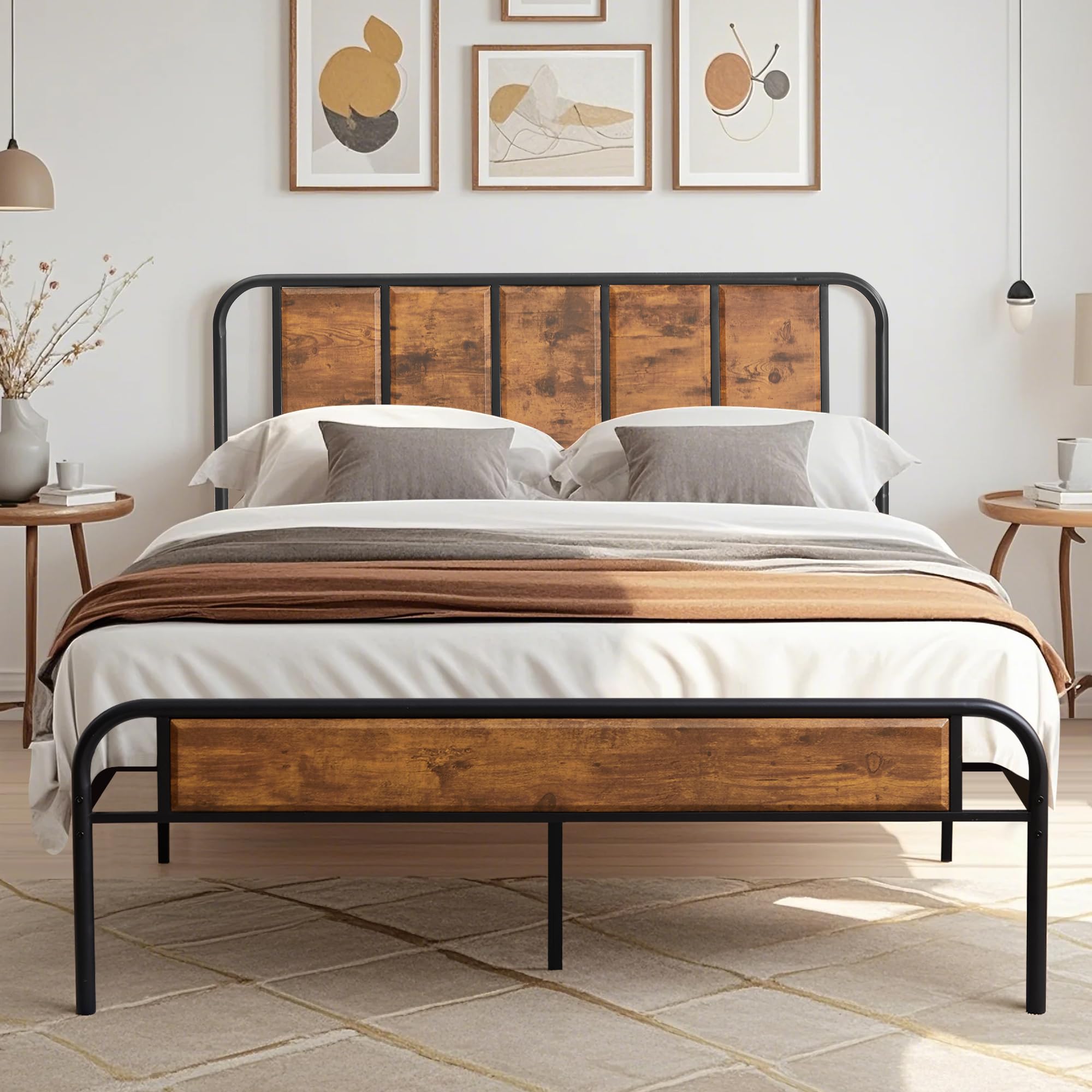 Queen Platform Bed Frame with Wood Headboard,Sturdy Steel Slats Support/Matress