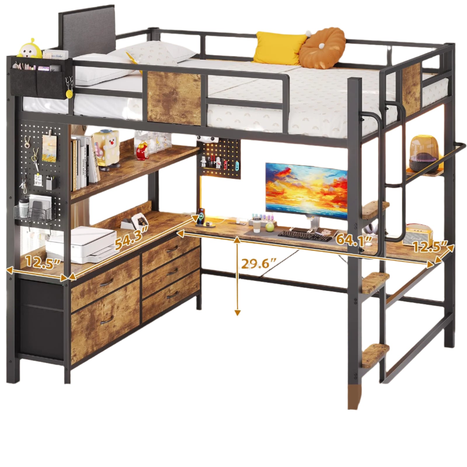 Bunk Bed with Desk,1 Bedside Organizer,LED