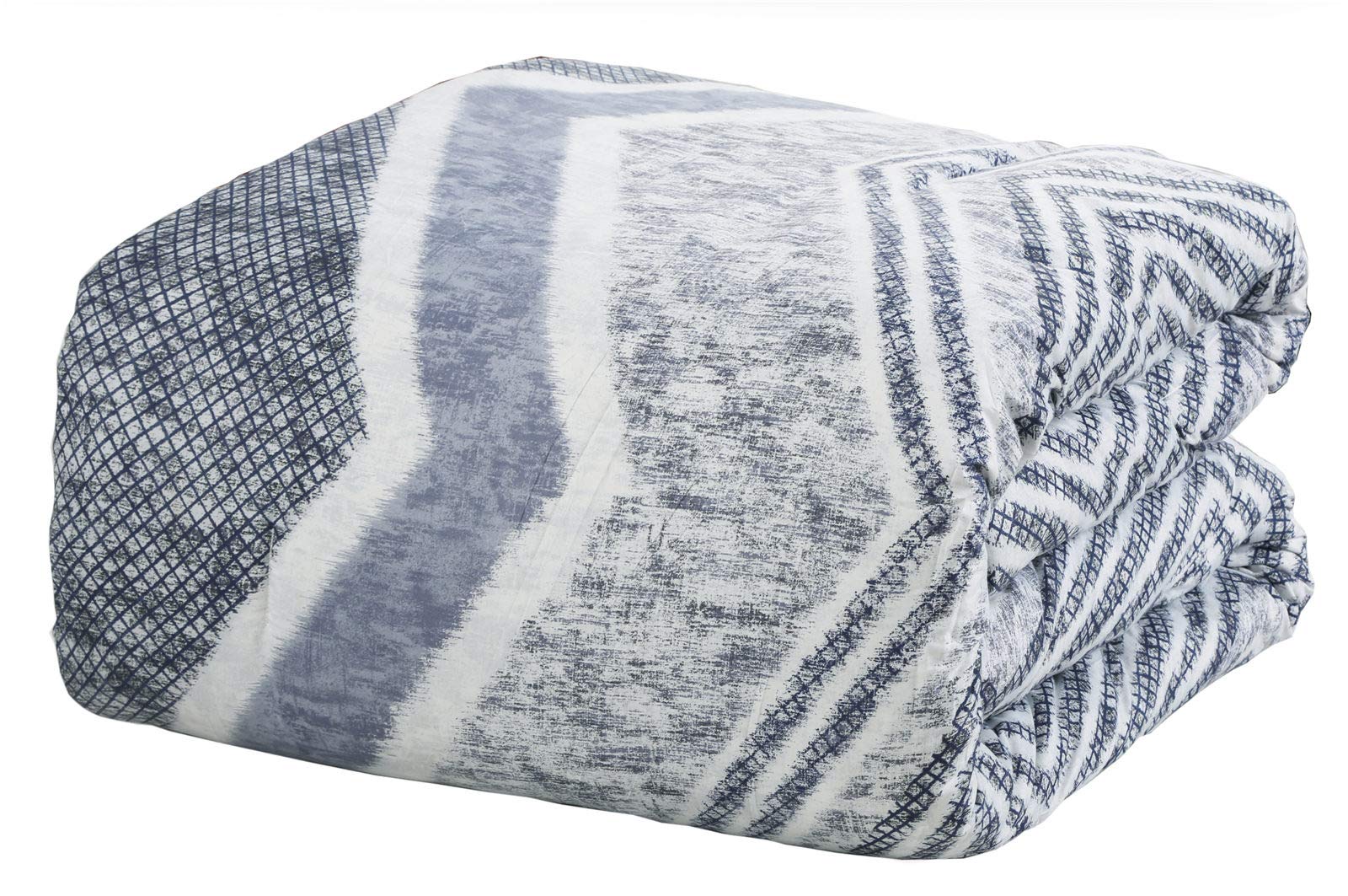 7 Piece Comforter Set, Gray Denim Blue Chevron Print Design, Bed Skirt
