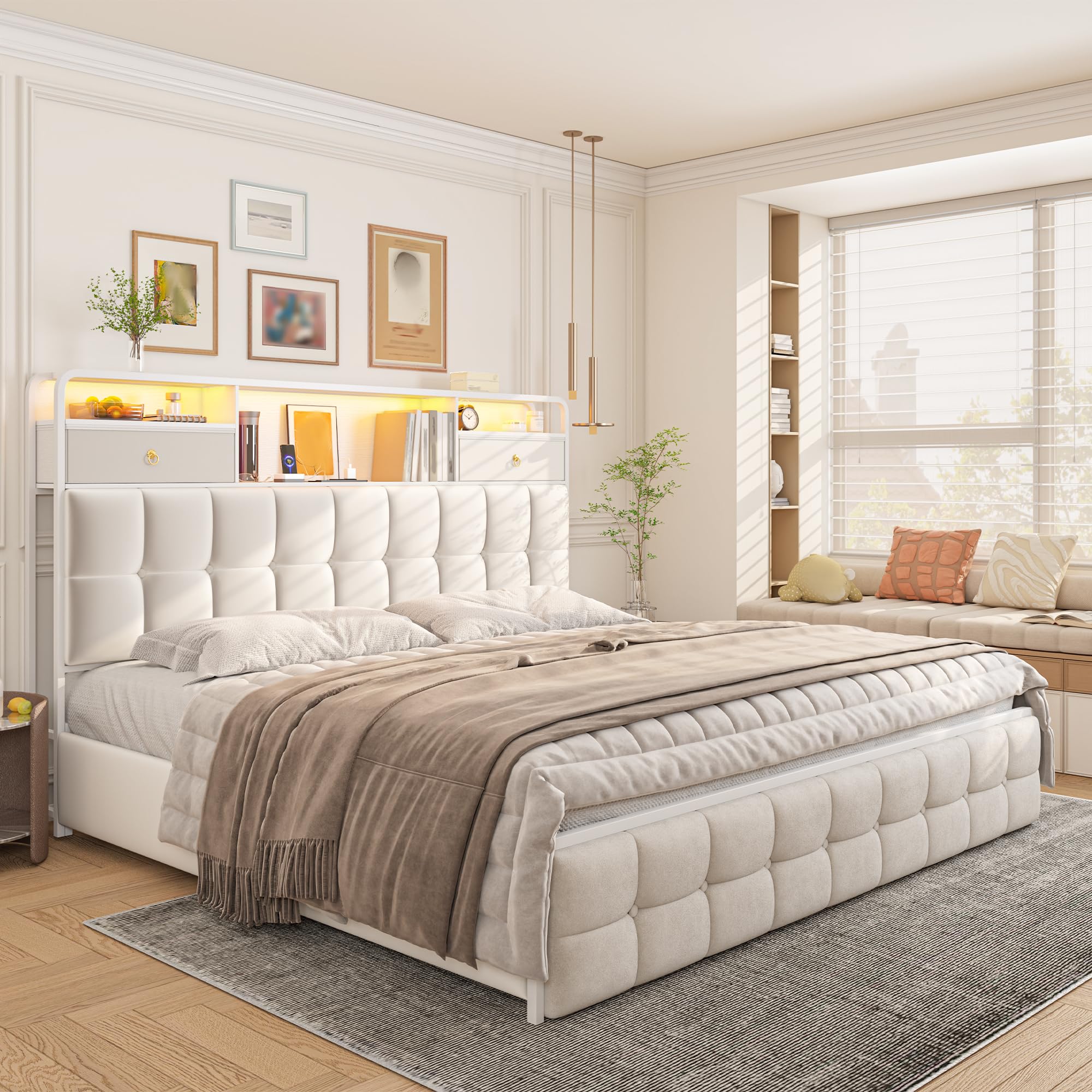 King Bed Frame with 2 Drawers Headboard, King Size Bed Frame