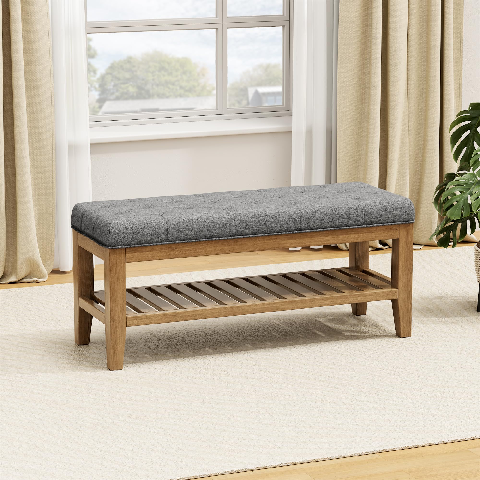 43" End of Bed Shoe Bench, Upholstered Bedroom Bench Linen Fabric Storage