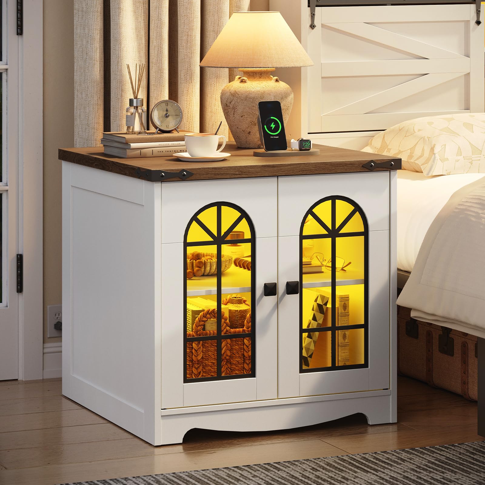 Farmhouse End Table, 23.6" Large Square Side Tables with Charging Station and LED Lights