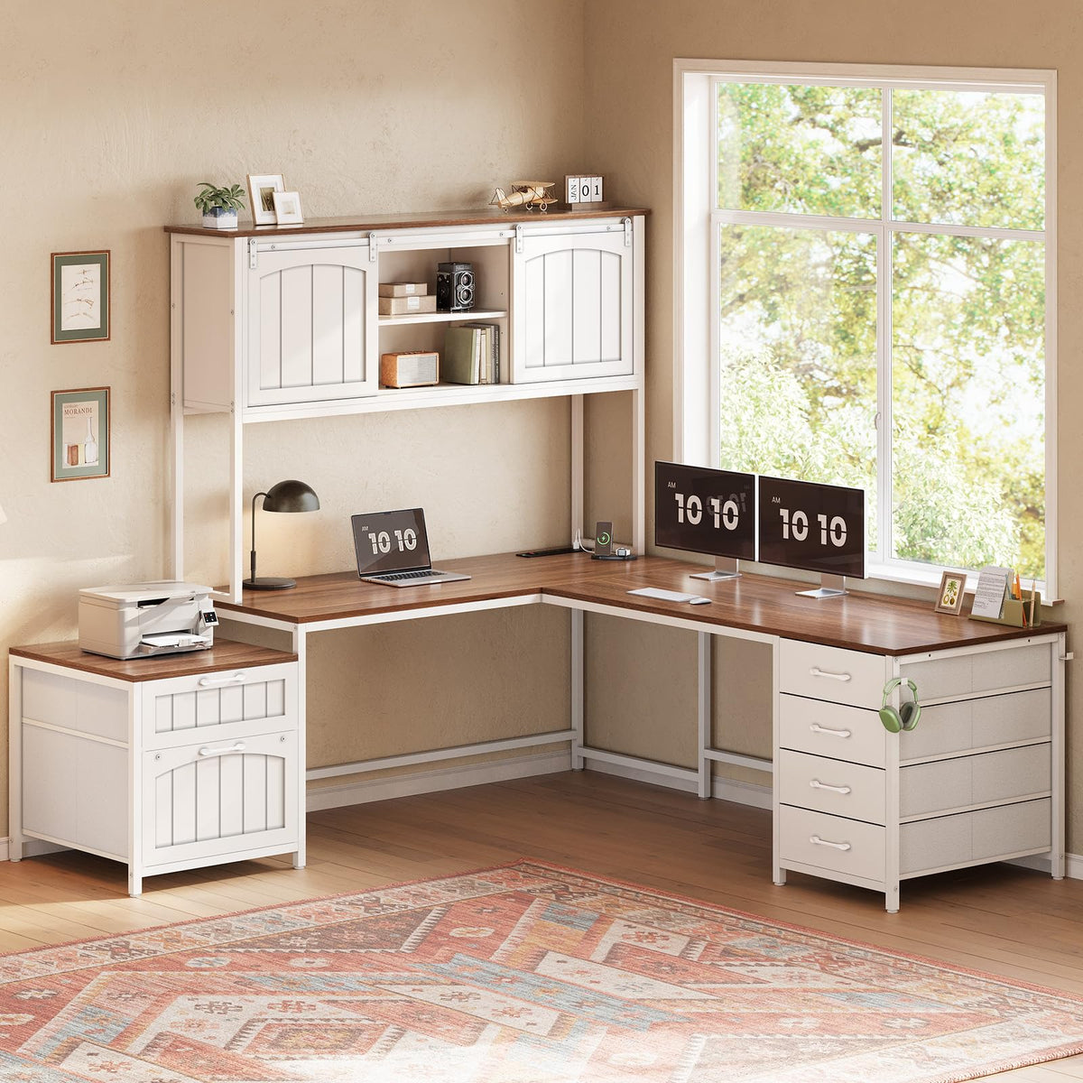 Farmhouse L-Shaped Desk with Hutch & 6 Drawers