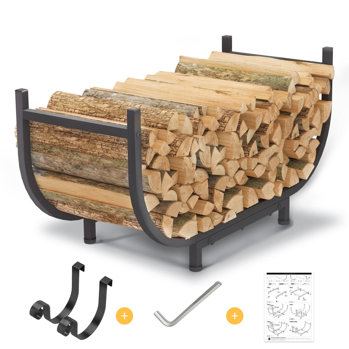 30" Curved Firewood Rack with Kindling Hooks