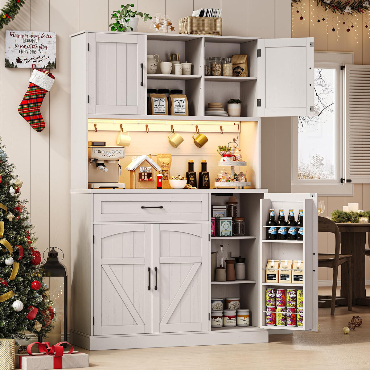 71" Kitchen Pantry Storage Cabinet with LED Light and Outlet