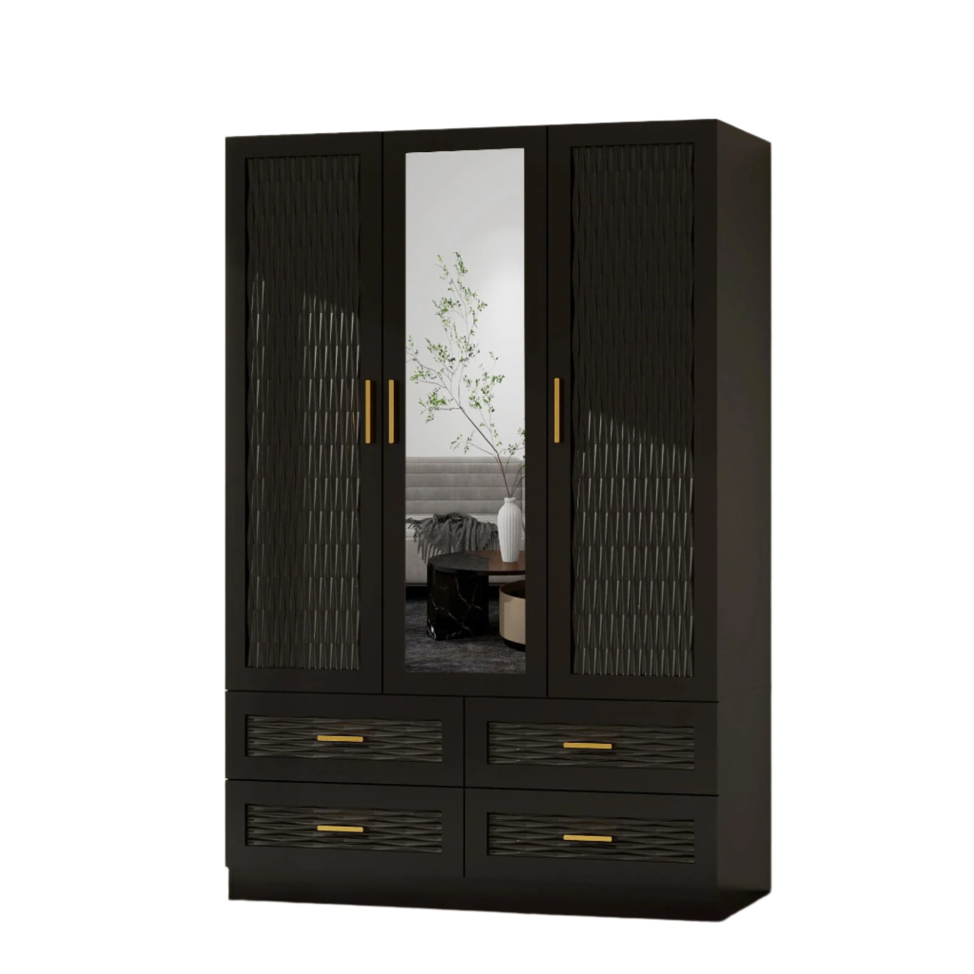 Large Wardrobe Closet with 4 Drawers and Mirror，Spacious Storage Armoire