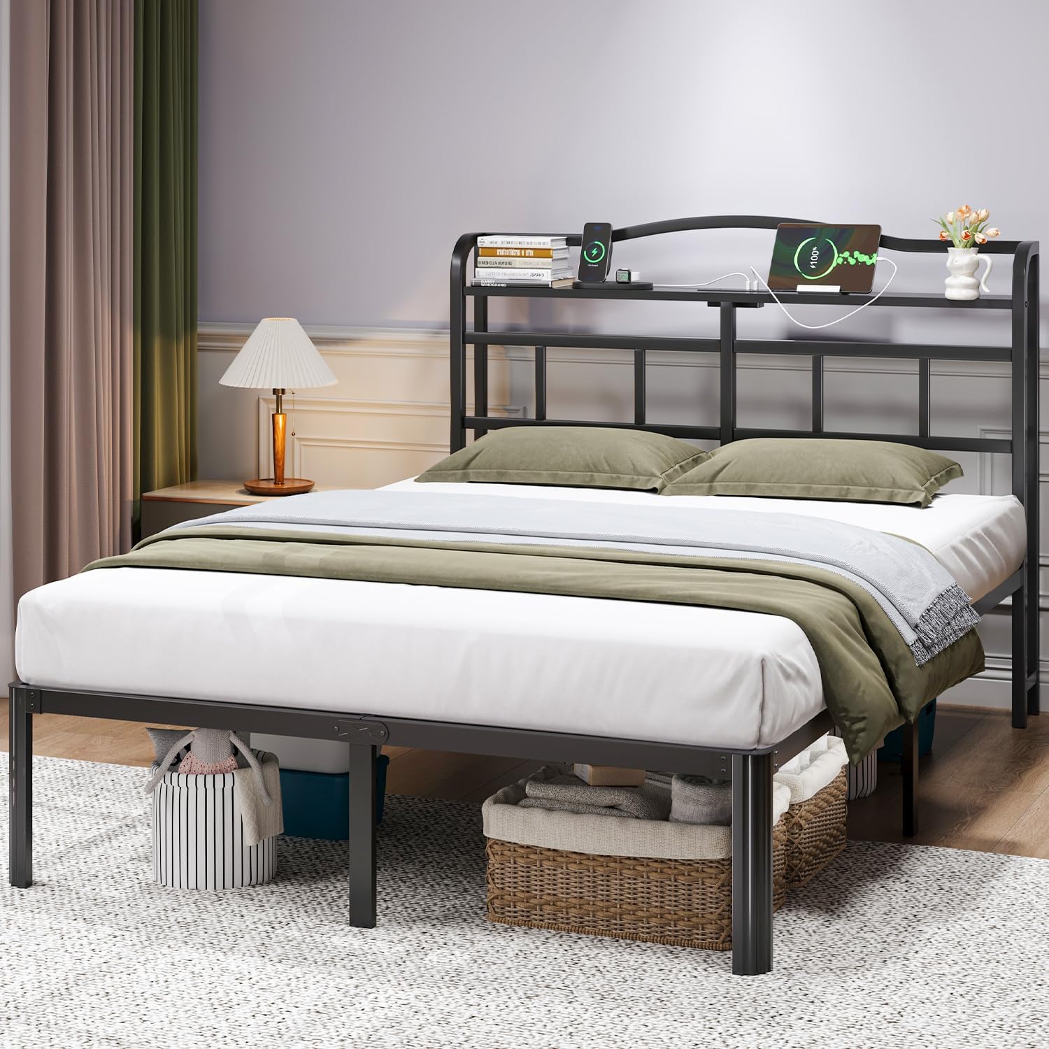 Full Size Bed Frame - Storage Headboard with Charging Station