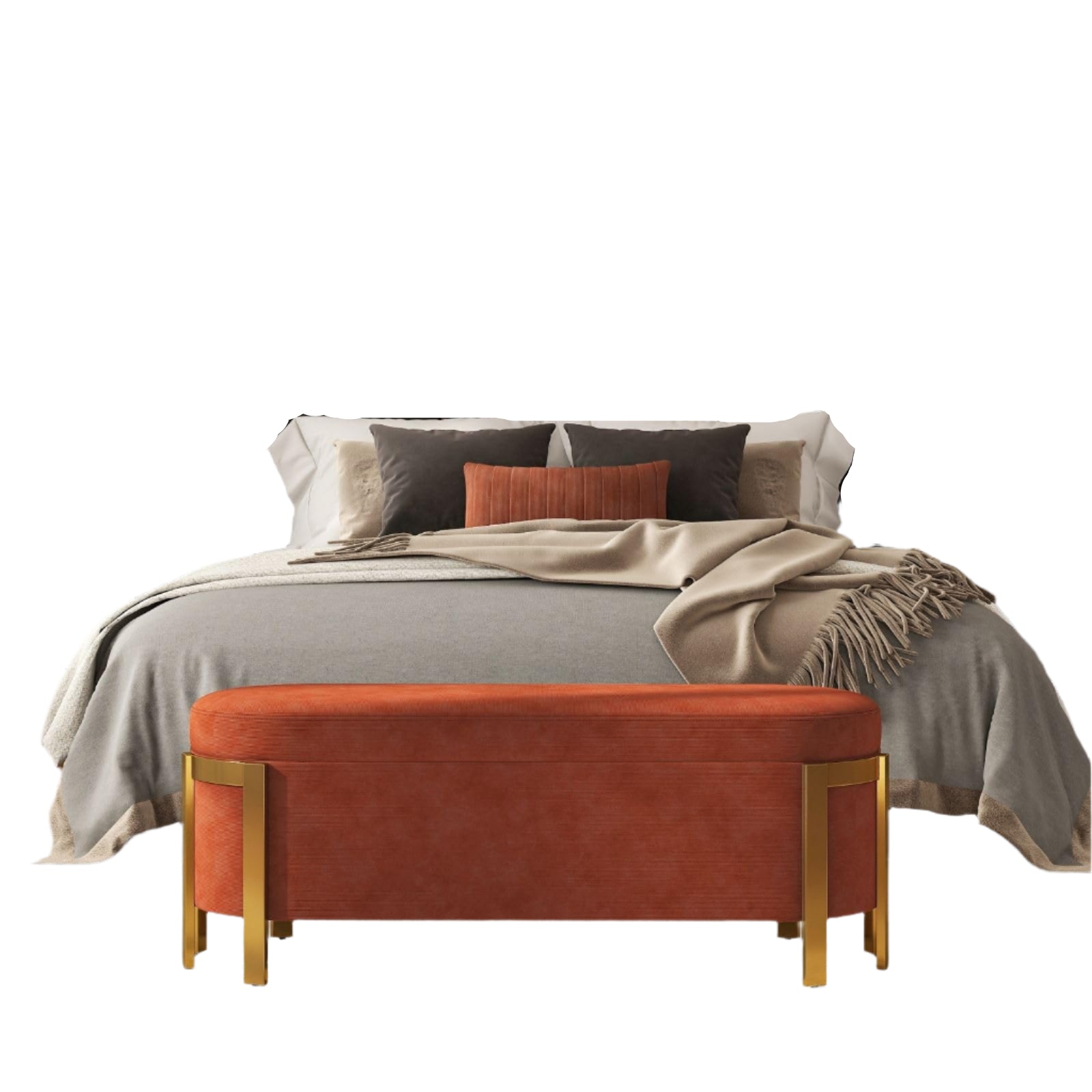 Orange Chenille Storage Bench for Bedroom, 4ft Modern Oval Upholstered