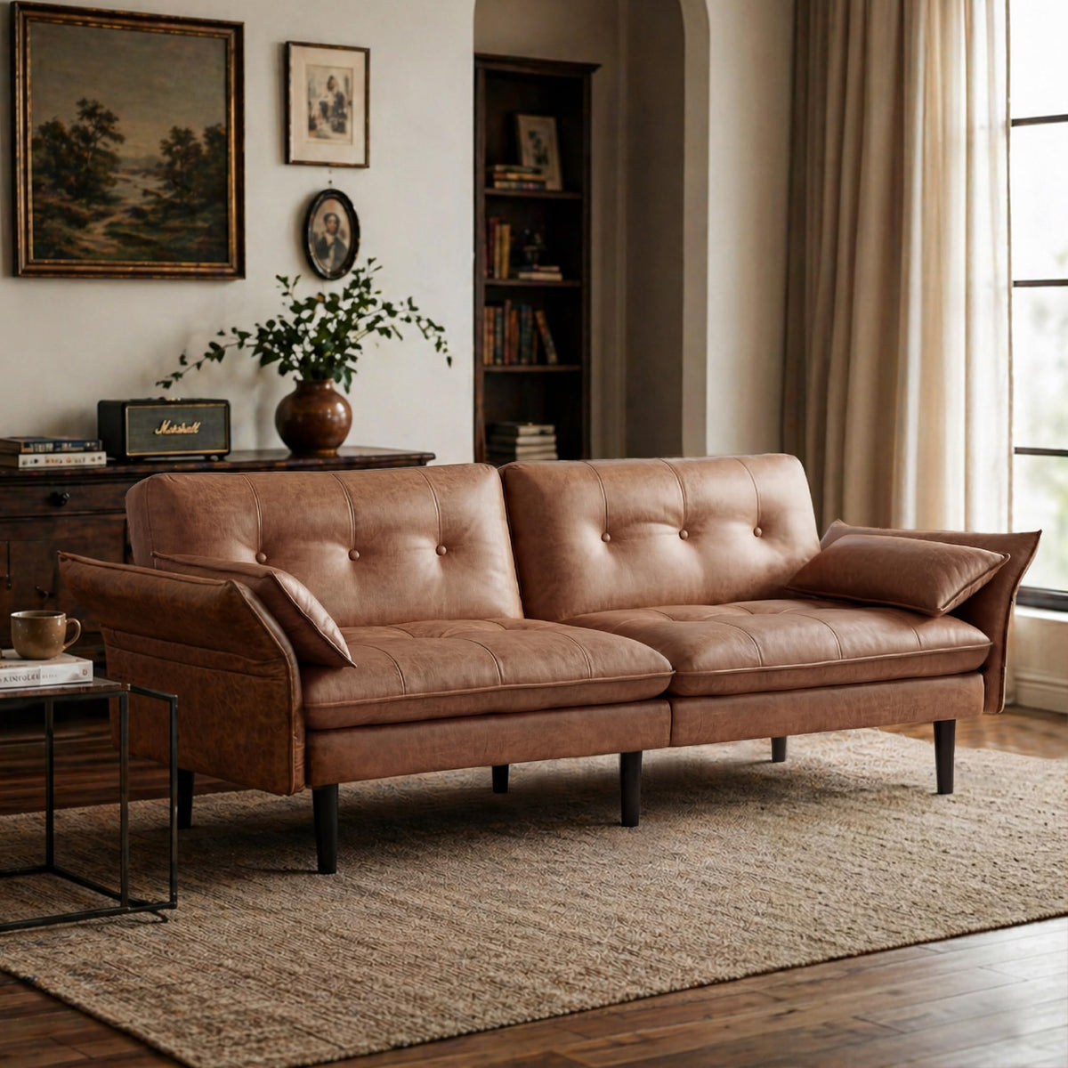 Faux Leather Futon Sofa Bed with Adjustable Backrest & Armrests