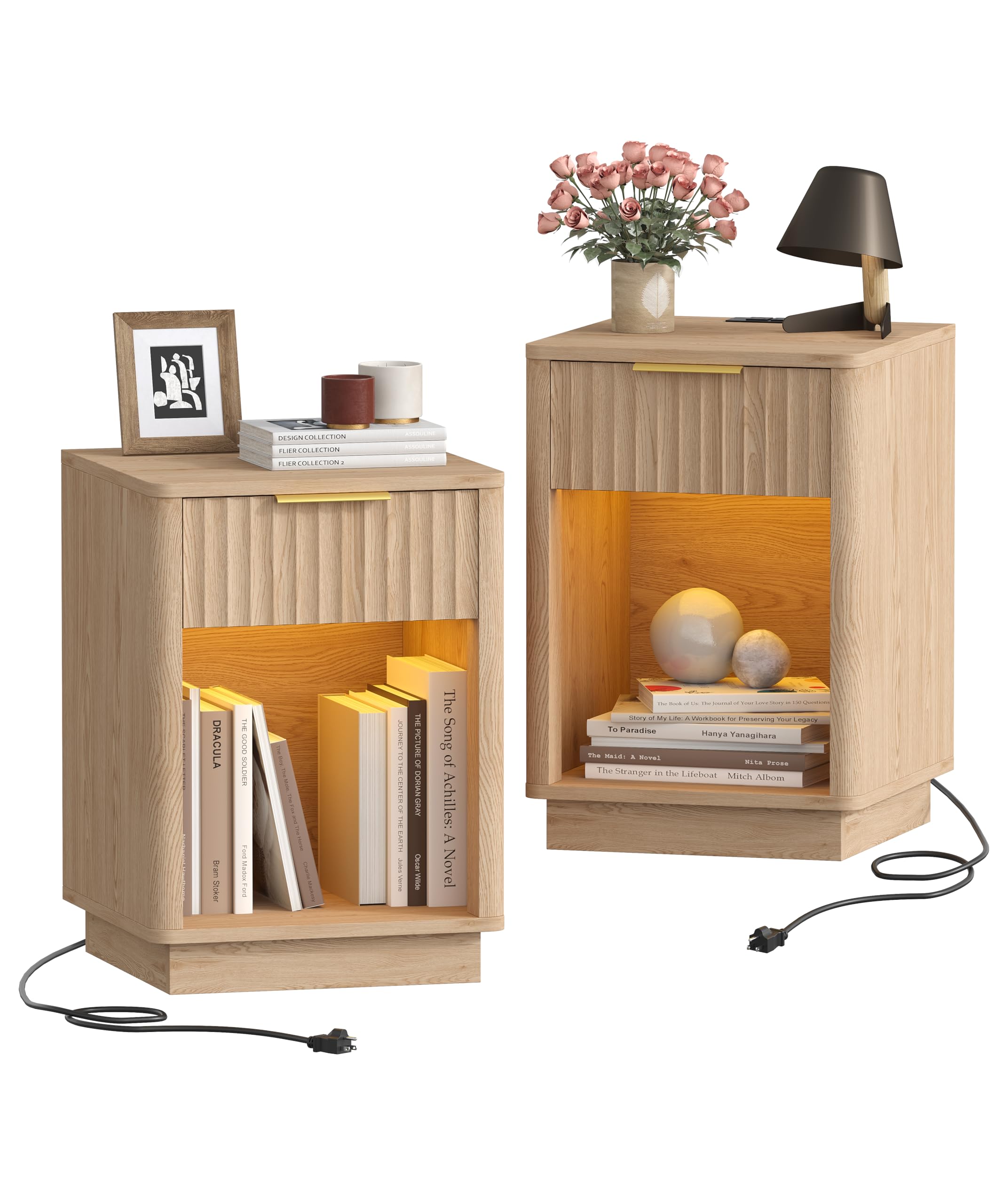 Fluted Nightstands Set of 2, Wooden Night Stand with Charging Station