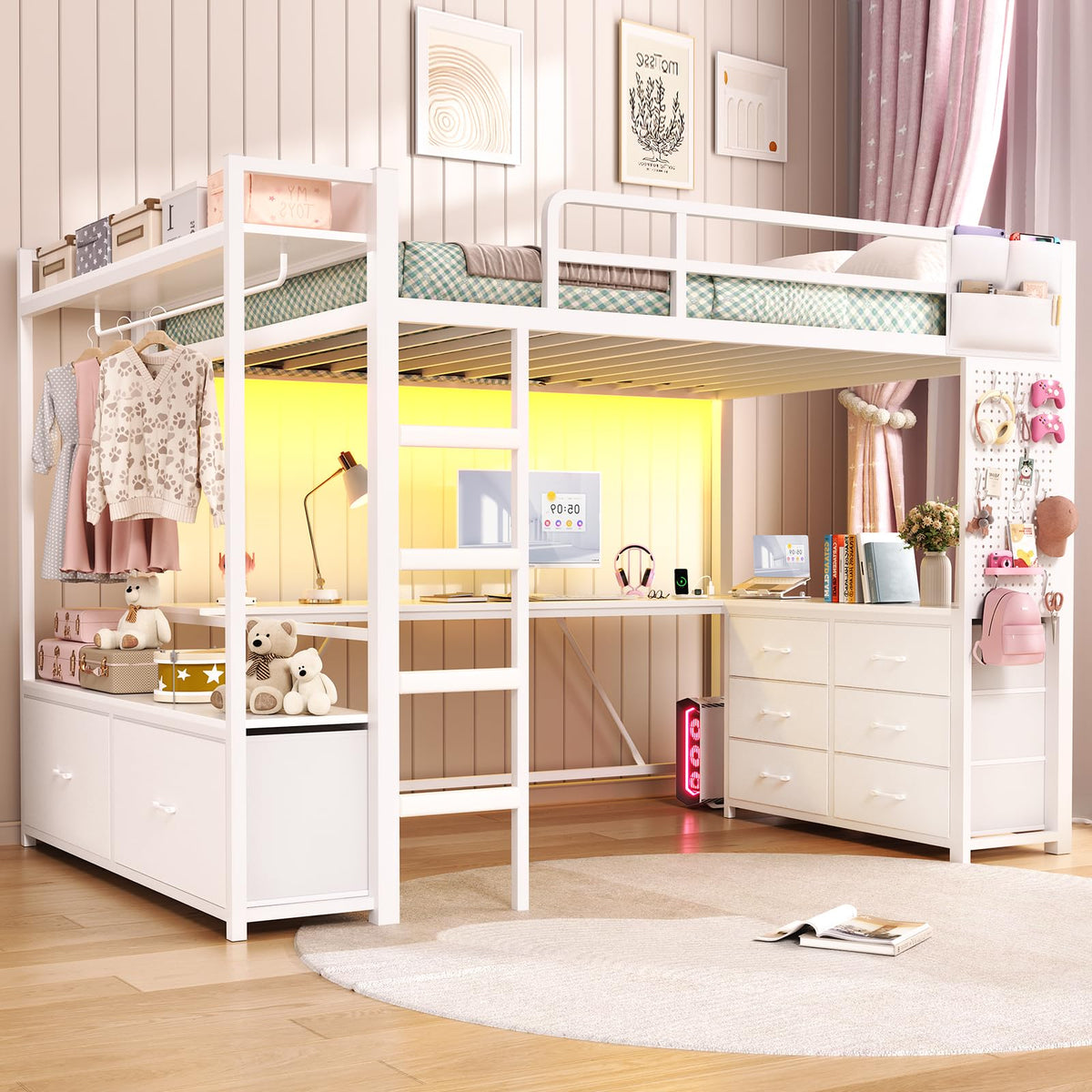 Twin Loft Bed with L-Shaped Desk & 8 Storage Drawers