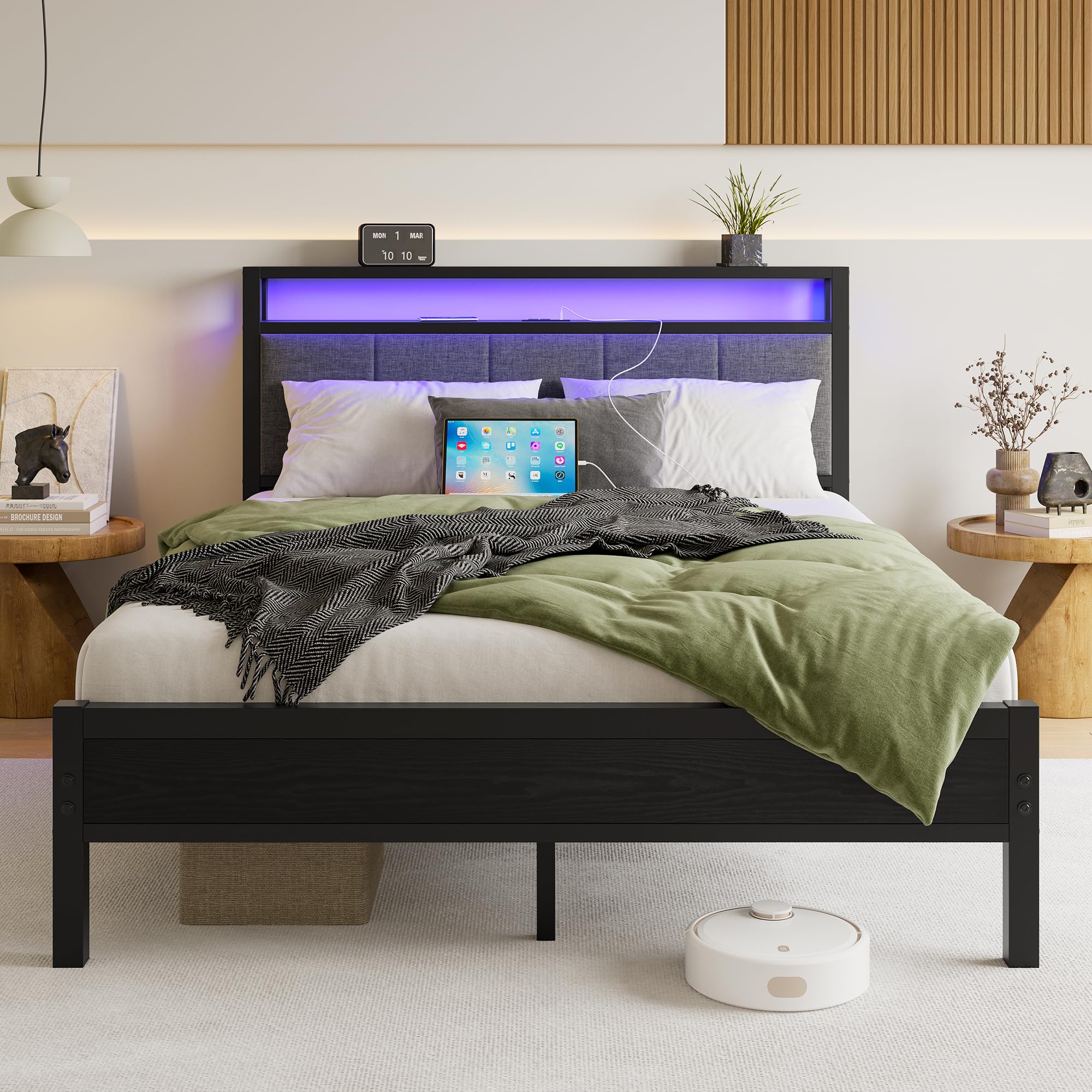 Queen Bed Frame with Headboard Storage,Upholstered Platform Bed Frame