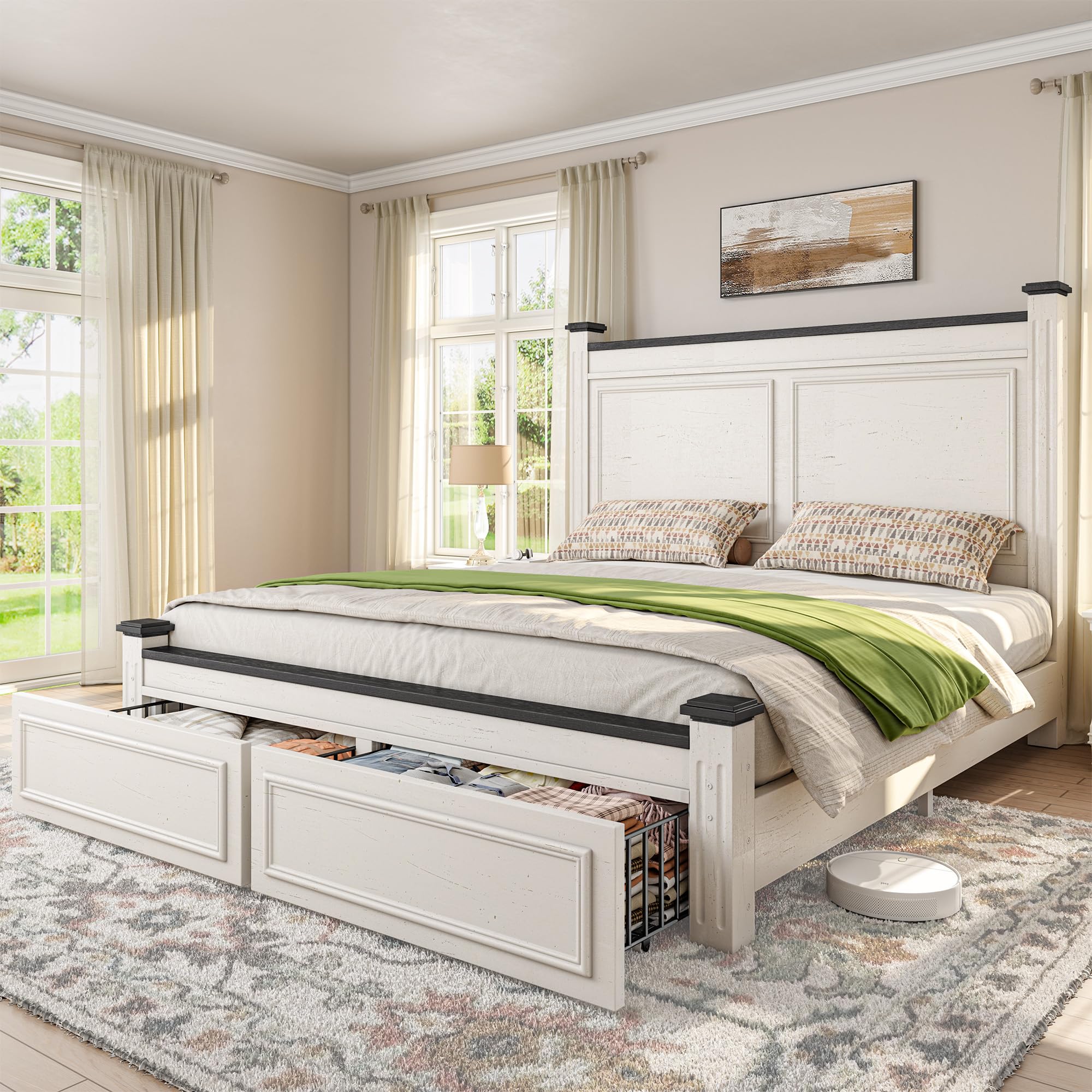 Queen Bed Frame with Storage Drawers and 51.25" H Headboard, Modern Queen Size Bed
